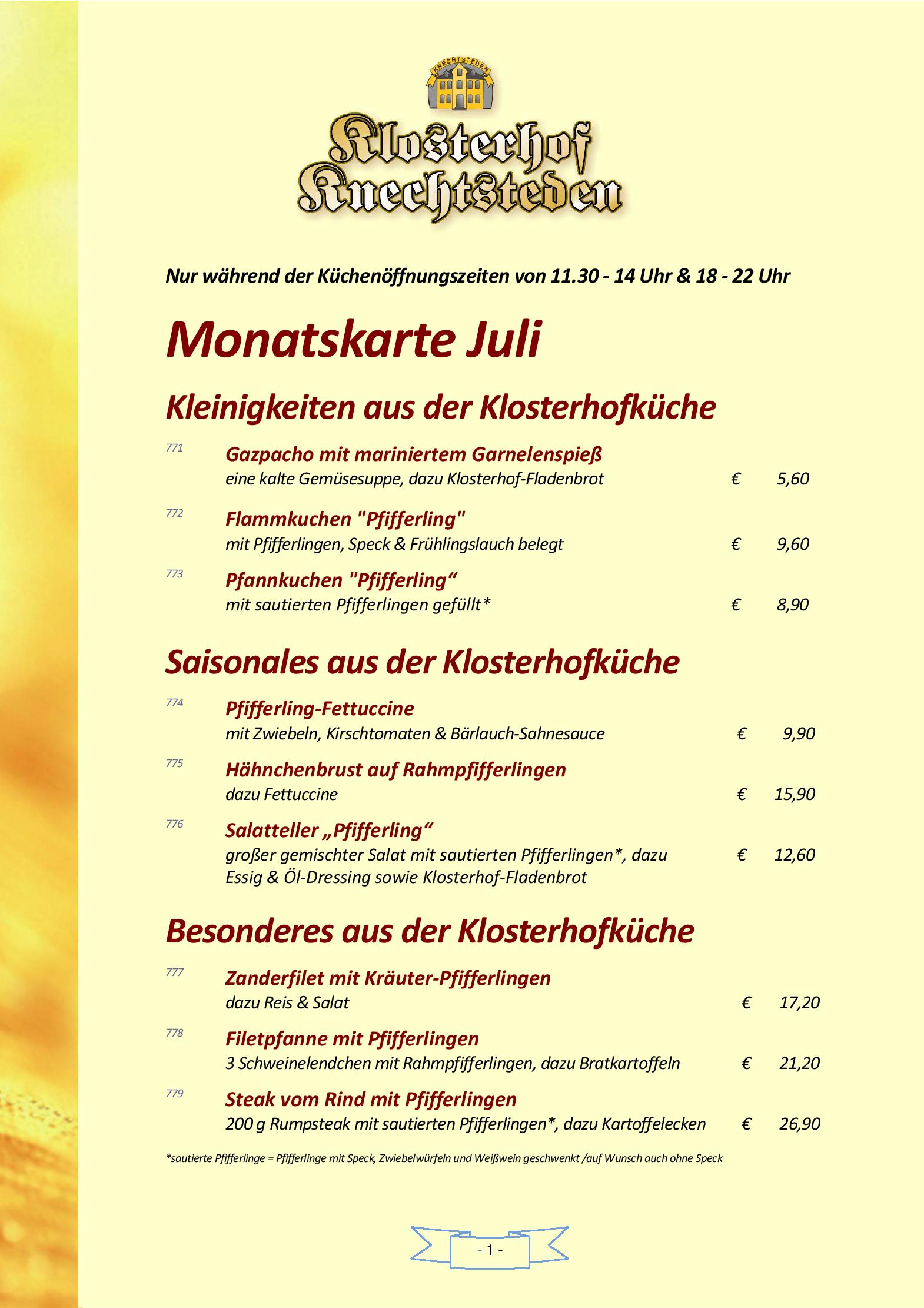 Speisekarte Klosterhof Knechtsteden in Dormagen, Seite 1