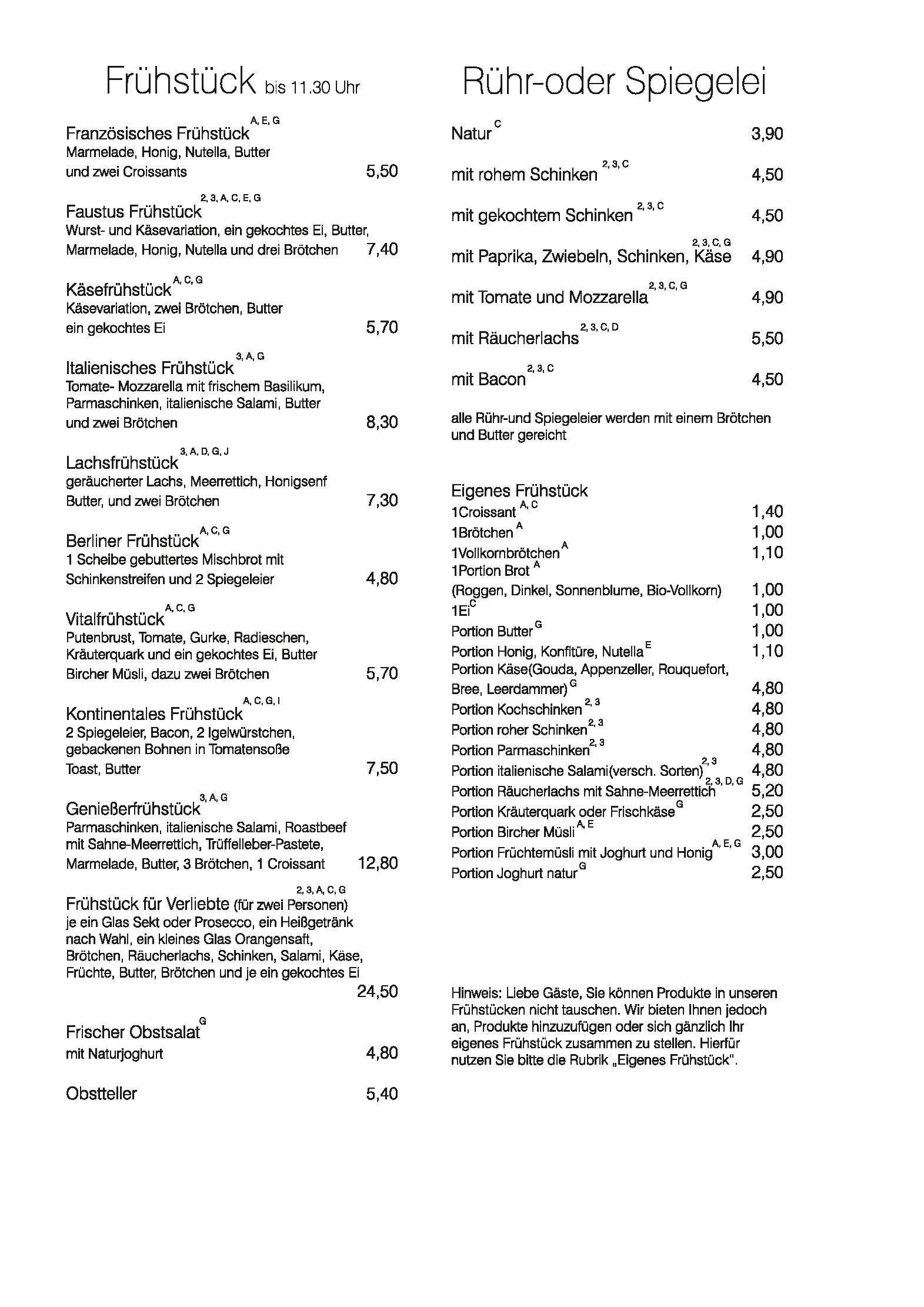 Speisekarte Faustus Cafe Restaurant Bar in Erfurt, Seite 1