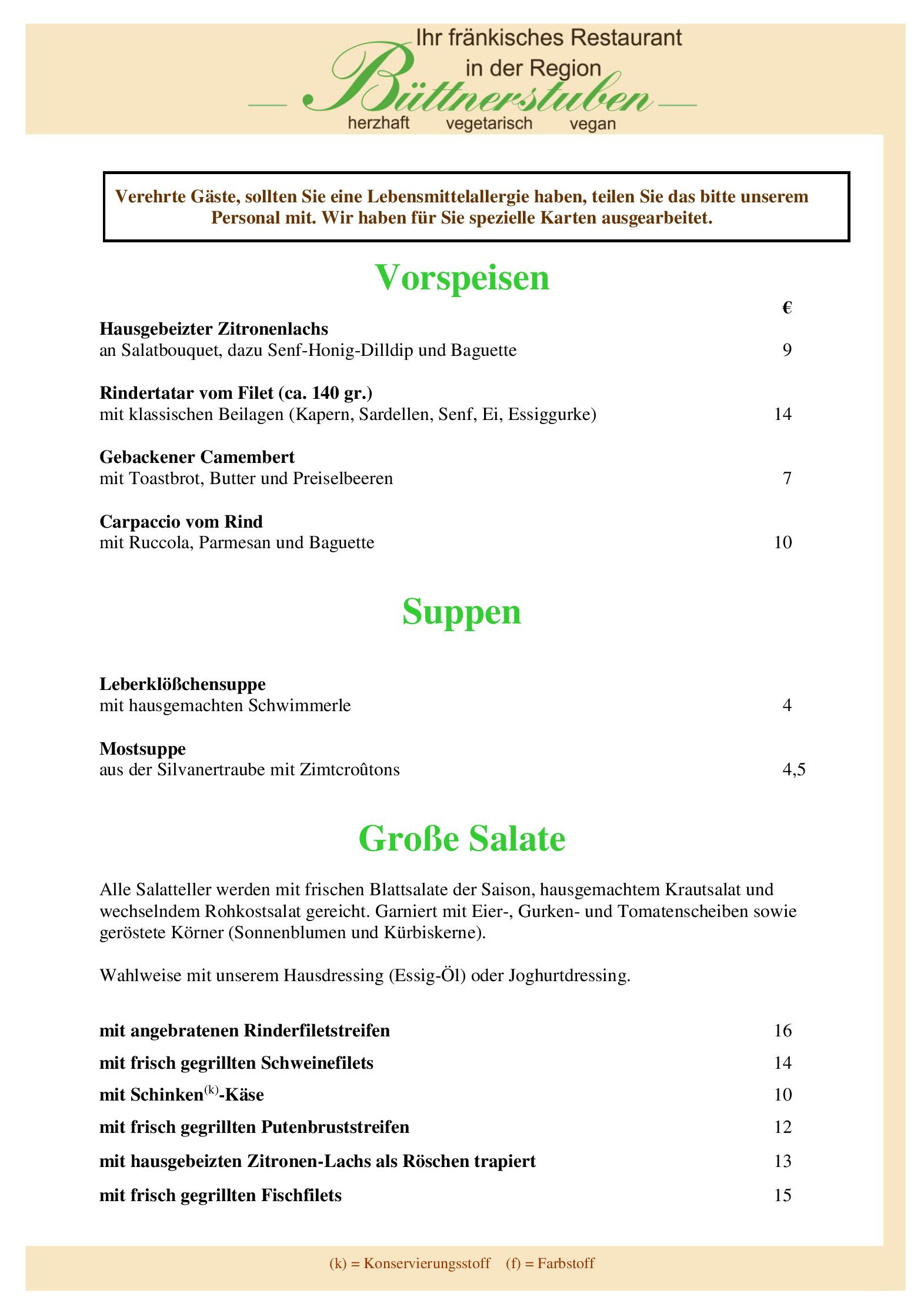 Speisekarte Büttnerstuben in Würzburg, Seite 1