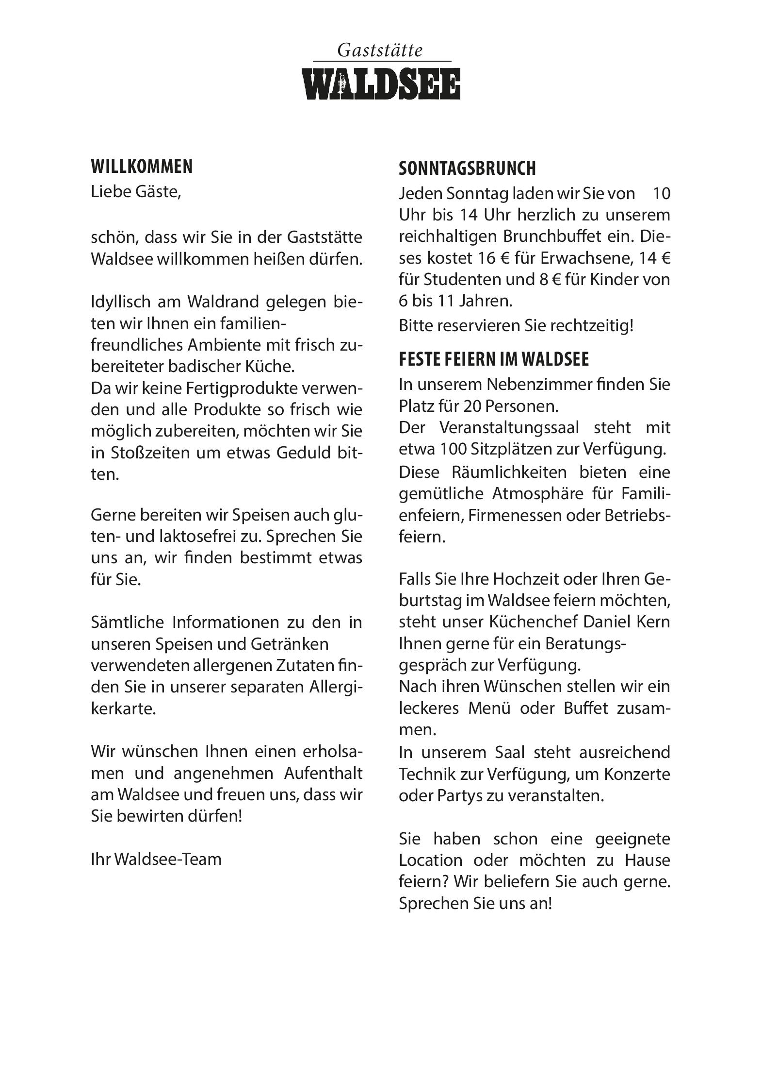 Speisekarte Gaststätte Waldsee in Freiburg, Seite 1