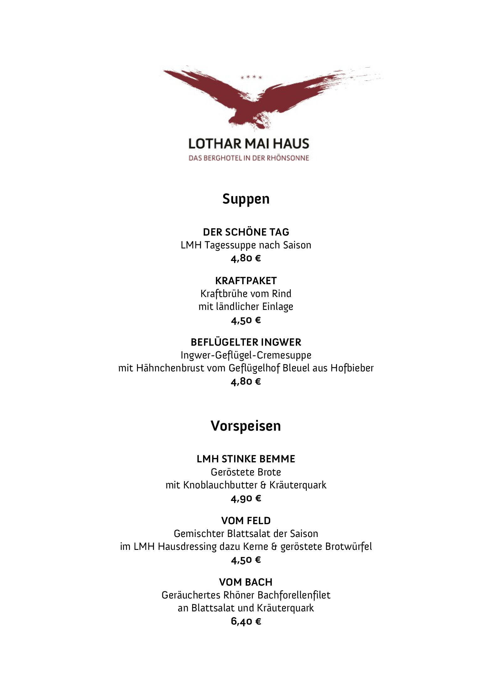 Speisekarte ****Berghotel Lothar Mai Haus in Hofbieber, Seite 1
