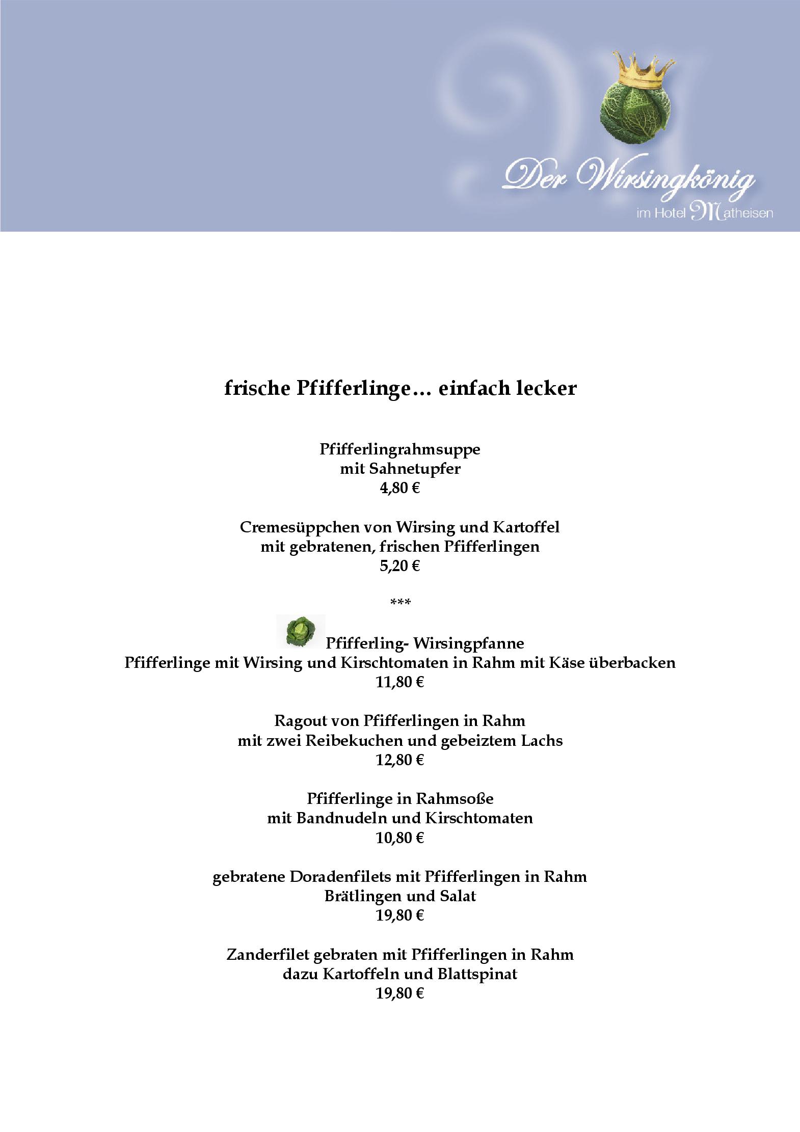 Speisekarte Wirsingkönig im Hotel Matheisen in Köln, Seite 5
