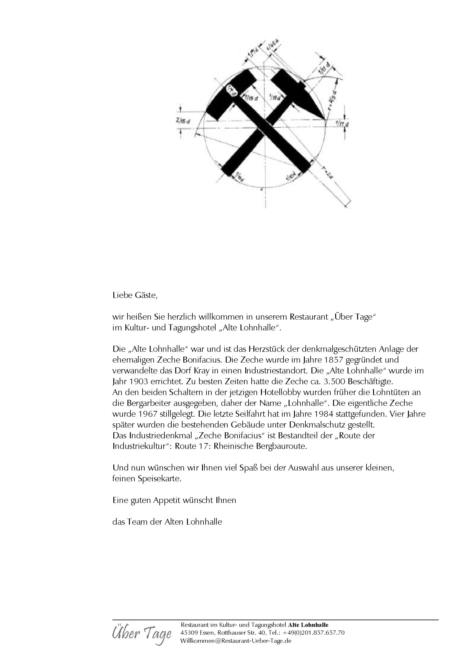 Speisekarte Über Tage - Restaurant im Hotel Alte Lohnhalle in Essen, Seite 1