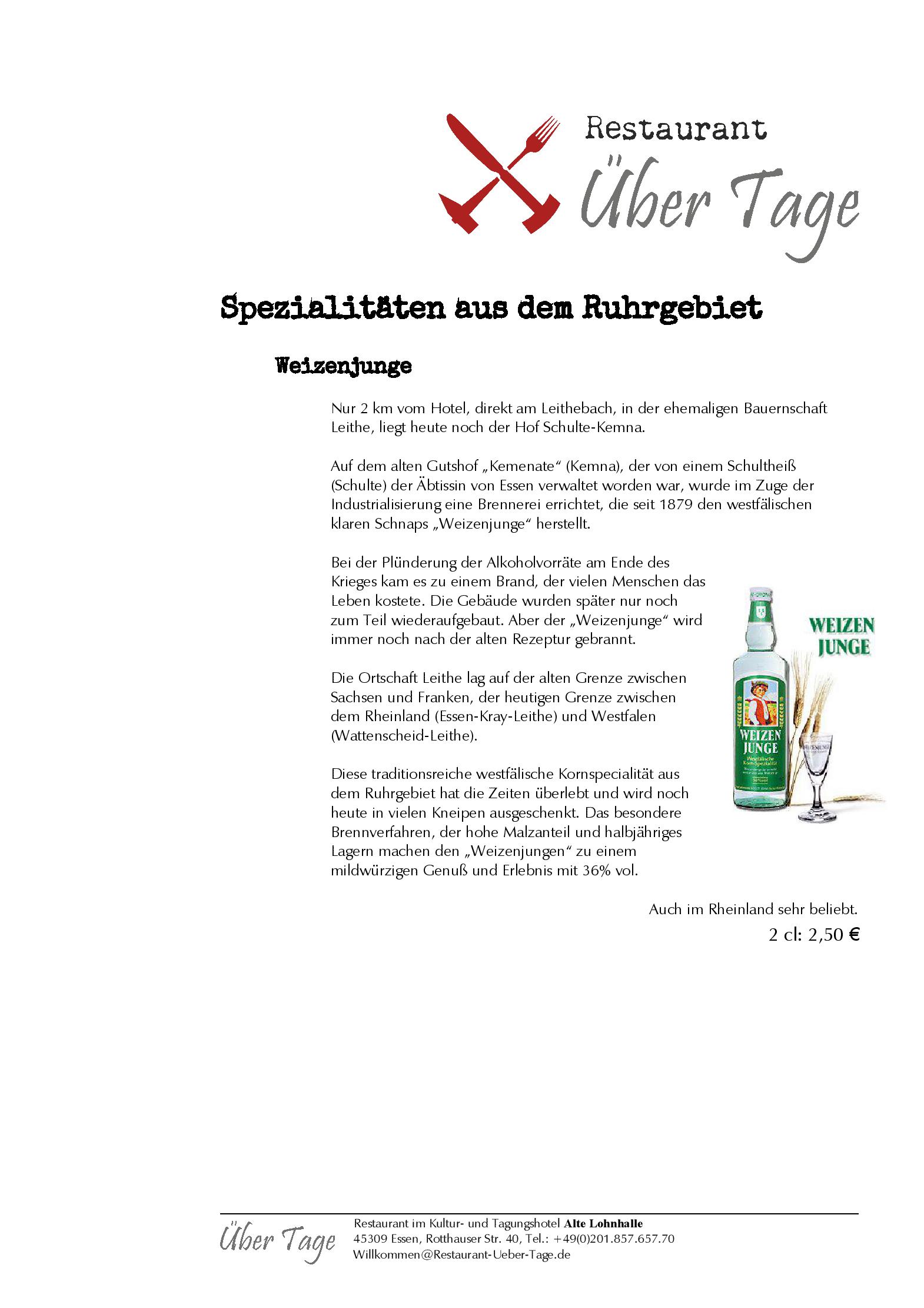 Speisekarte Über Tage - Restaurant im Hotel Alte Lohnhalle in Essen, Seite 12