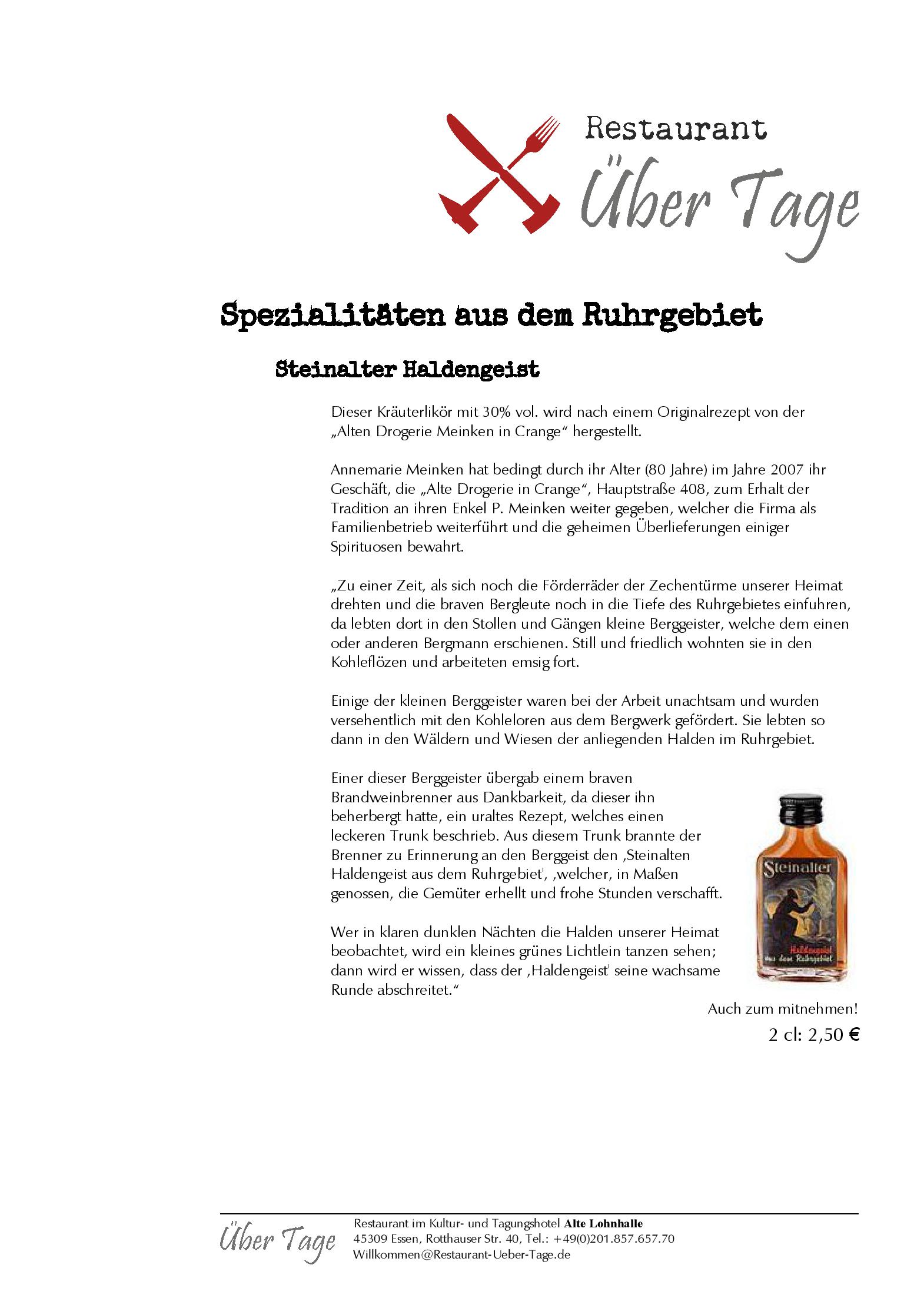 Speisekarte Über Tage - Restaurant im Hotel Alte Lohnhalle in Essen, Seite 13