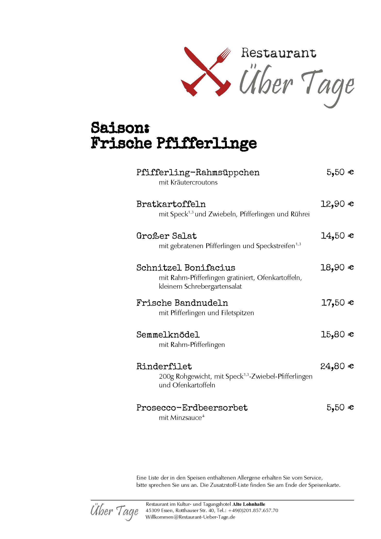 Speisekarte Über Tage - Restaurant im Hotel Alte Lohnhalle in Essen, Seite 2