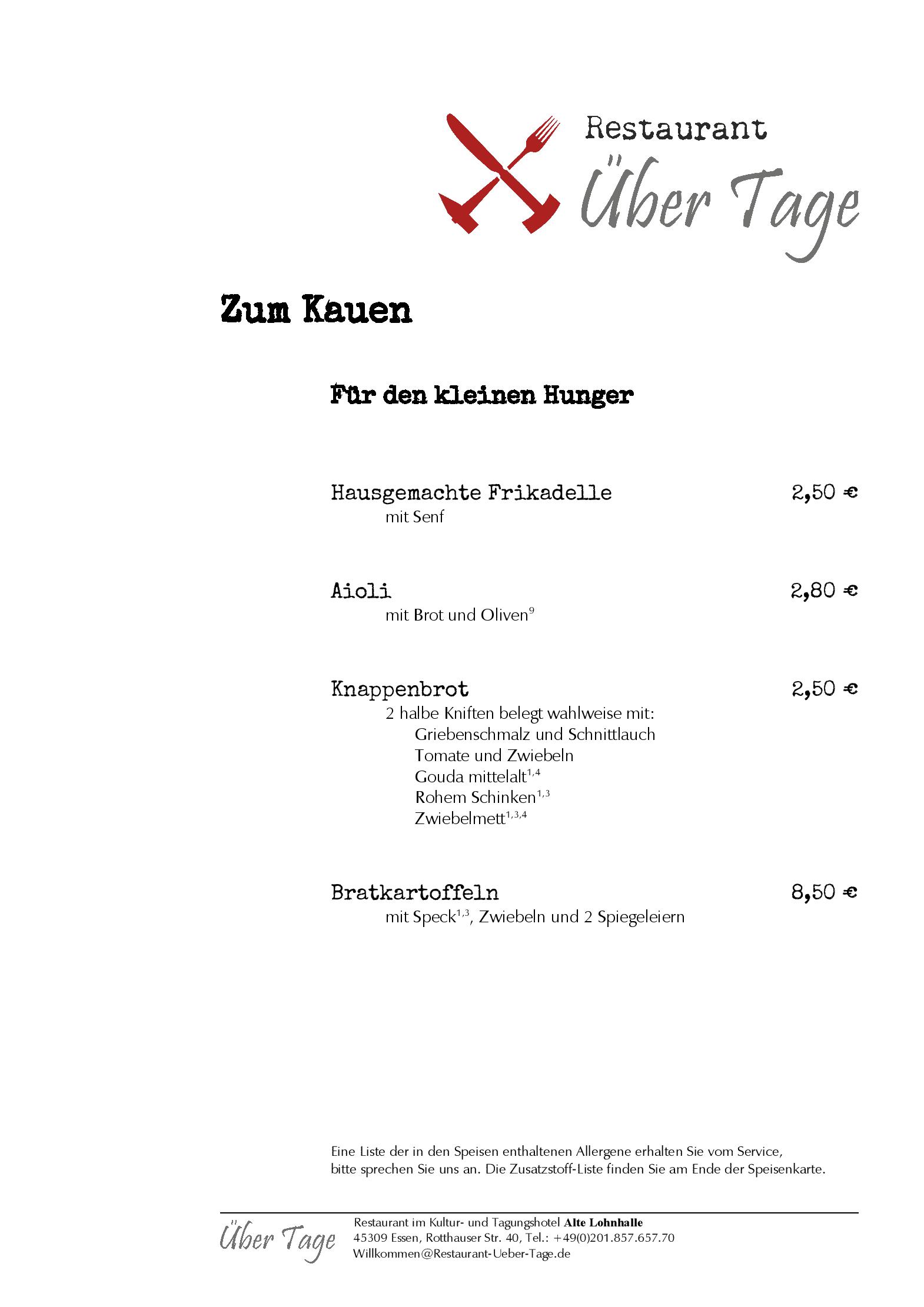 Speisekarte Über Tage - Restaurant im Hotel Alte Lohnhalle in Essen, Seite 3