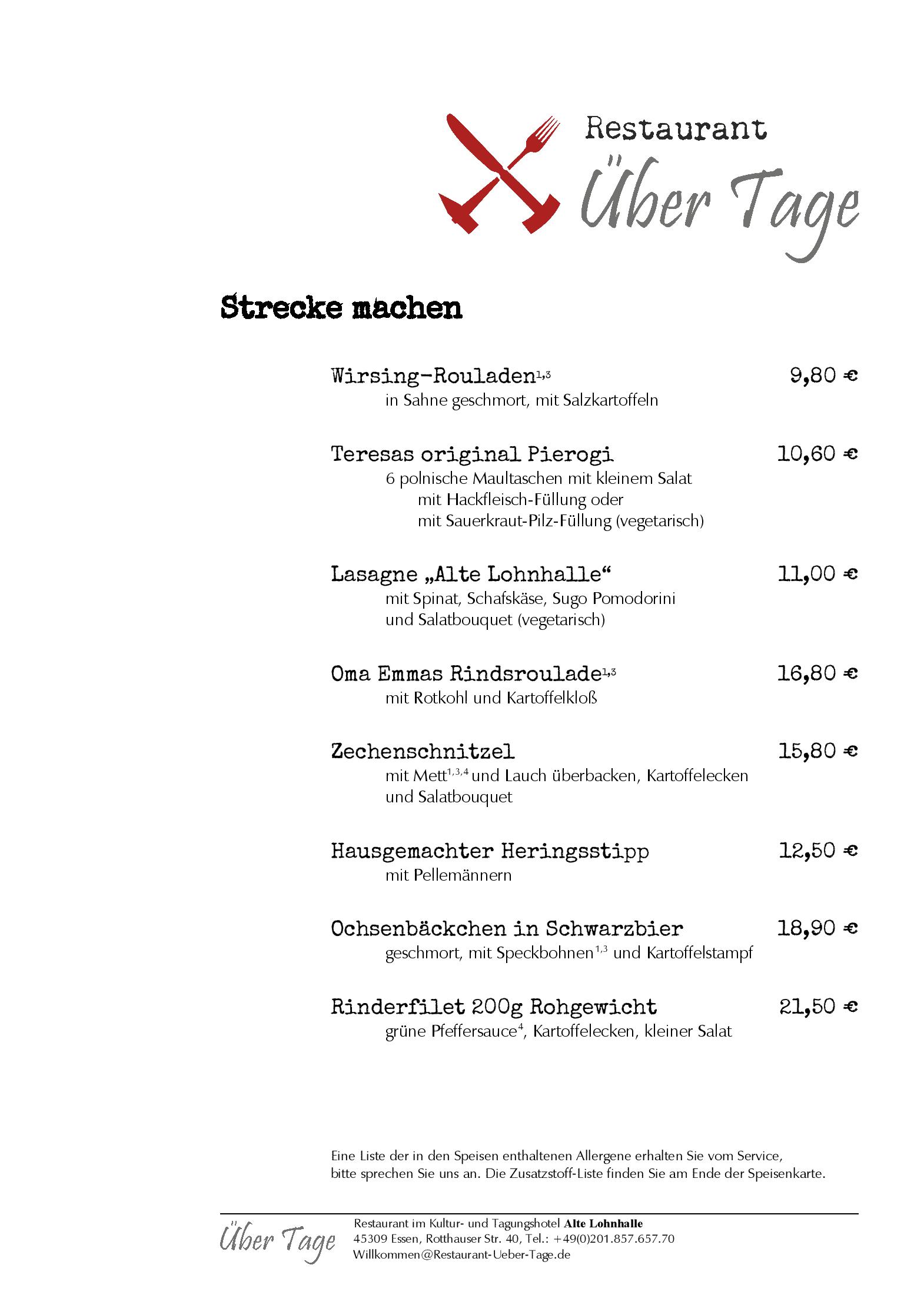 Speisekarte Über Tage - Restaurant im Hotel Alte Lohnhalle in Essen, Seite 5