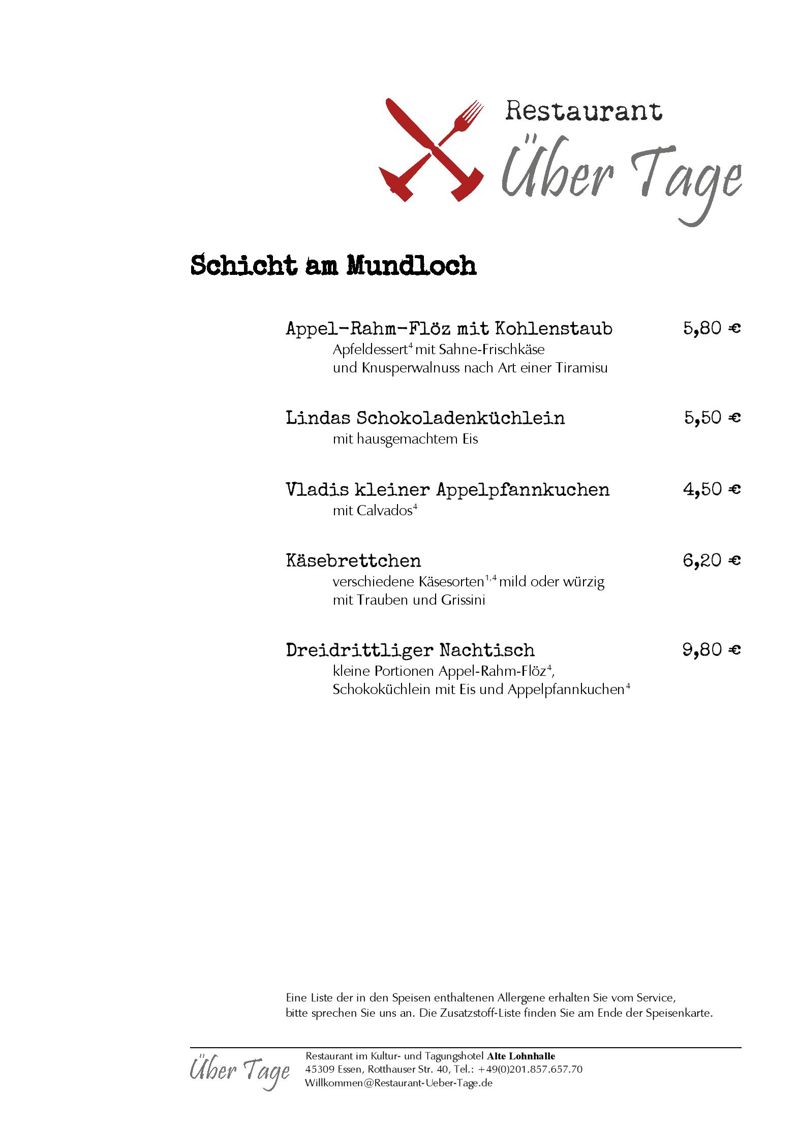 Speisekarte Über Tage - Restaurant im Hotel Alte Lohnhalle in Essen, Seite 6