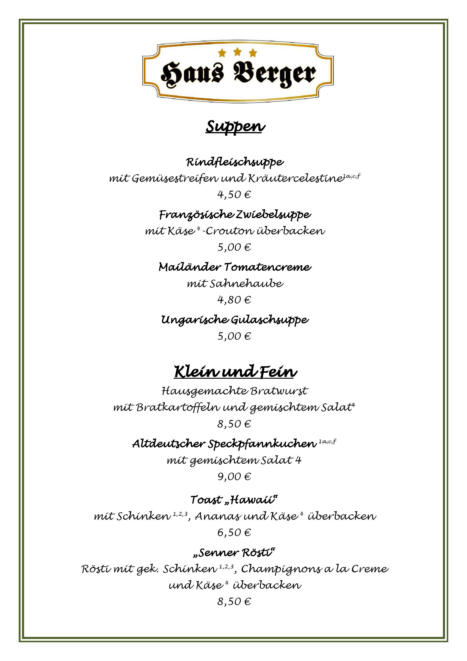 Speisekarte Hotel & Restaurant Haus Berger in Viersen, Seite 1