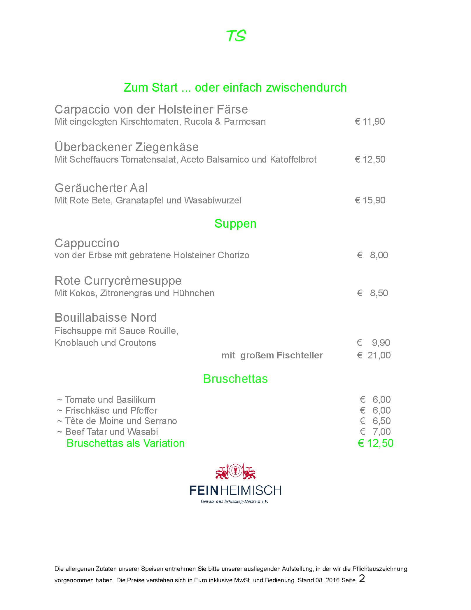 Speisekarte Alte Straßenmeisterei in Eutin, Seite 2