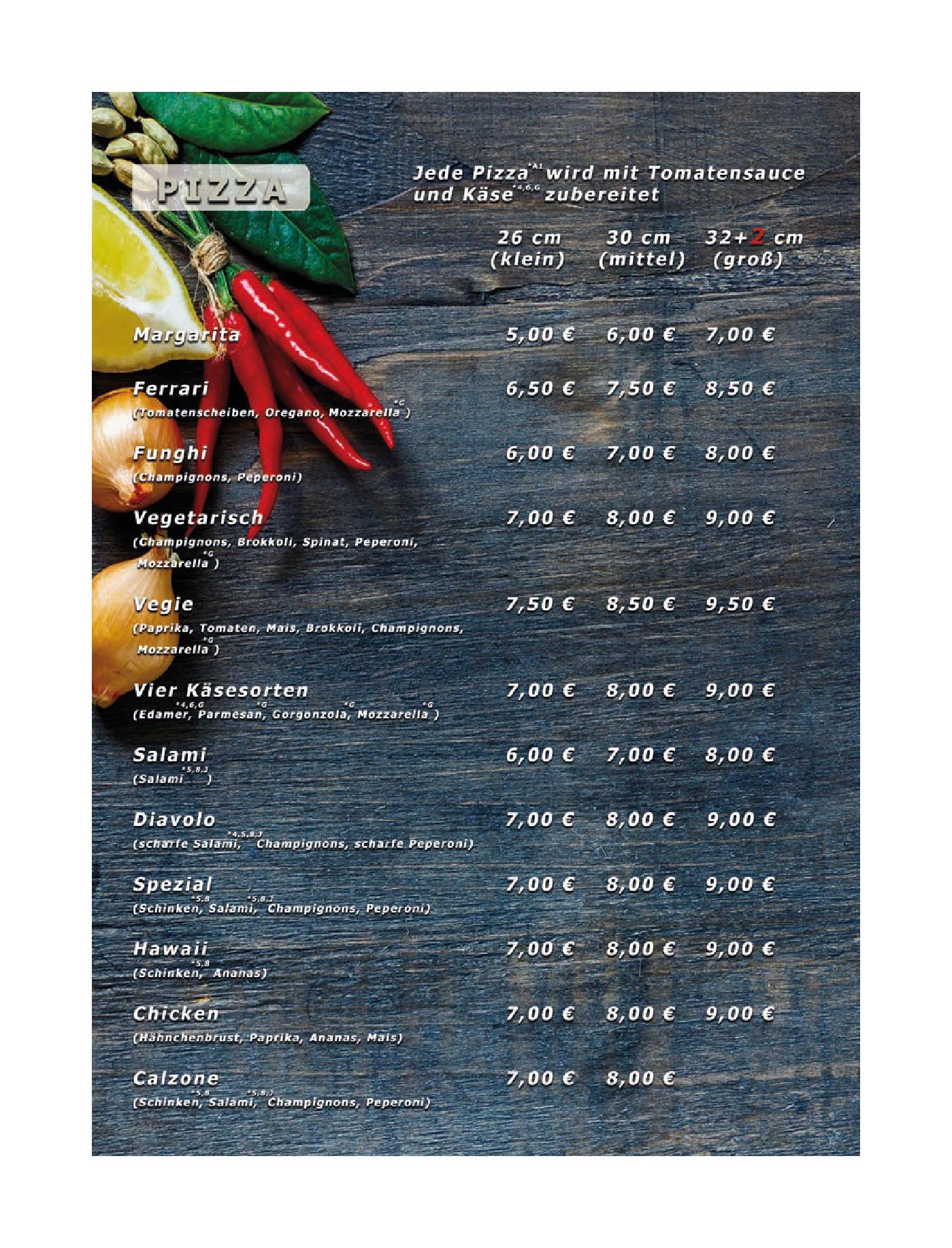 Speisekarte Pizzeria Bei "Nino" in Lichtenfels, Seite 1