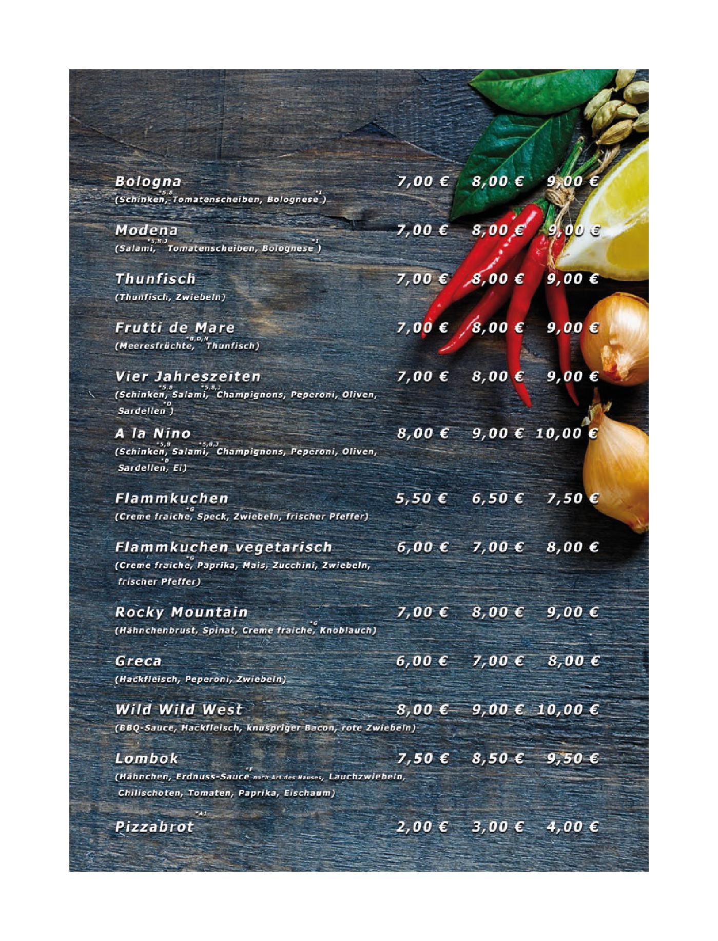 Speisekarte Pizzeria Bei "Nino" in Lichtenfels, Seite 2