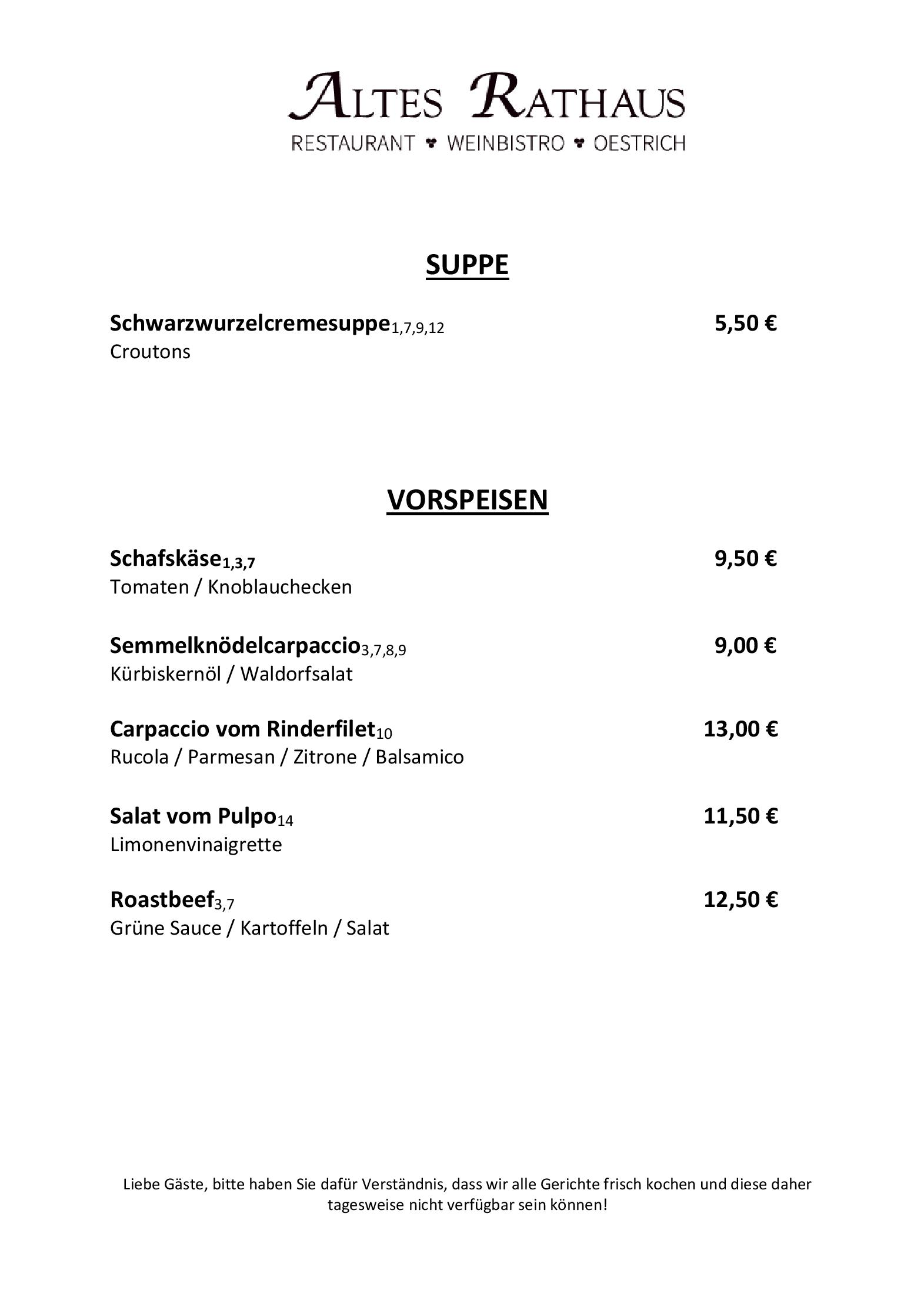 Speisekarte Restaurant & Weinbistro Altes Rathaus in Oestrich-Winkel, Seite 1