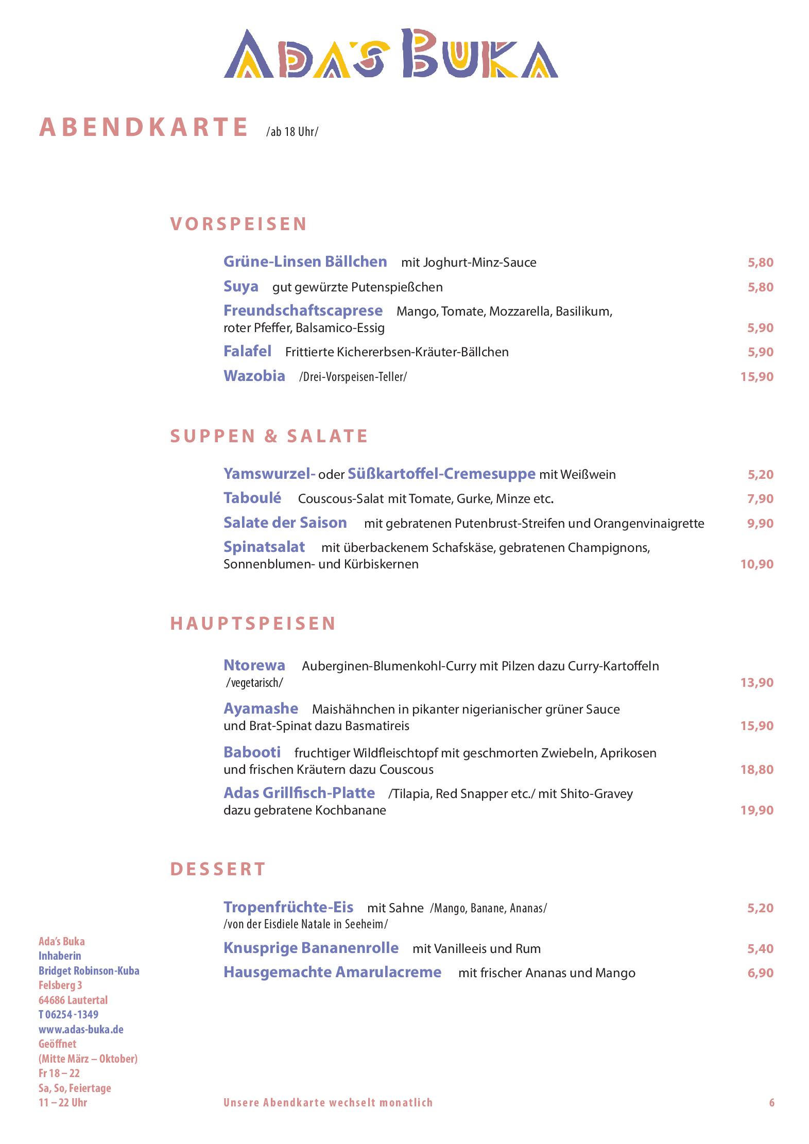 Speisekarte Ada&quots Buka in Lautertal, Seite 1