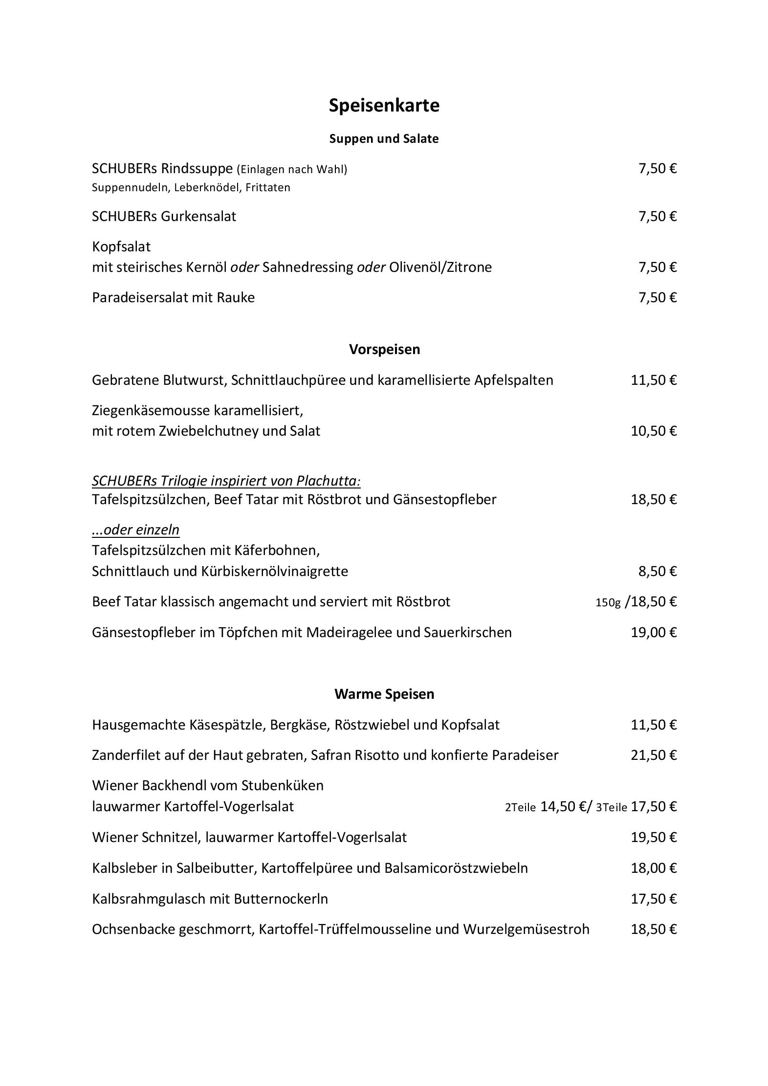 Speisekarte Schubers Österreichische Küche in Berlin, Seite 1