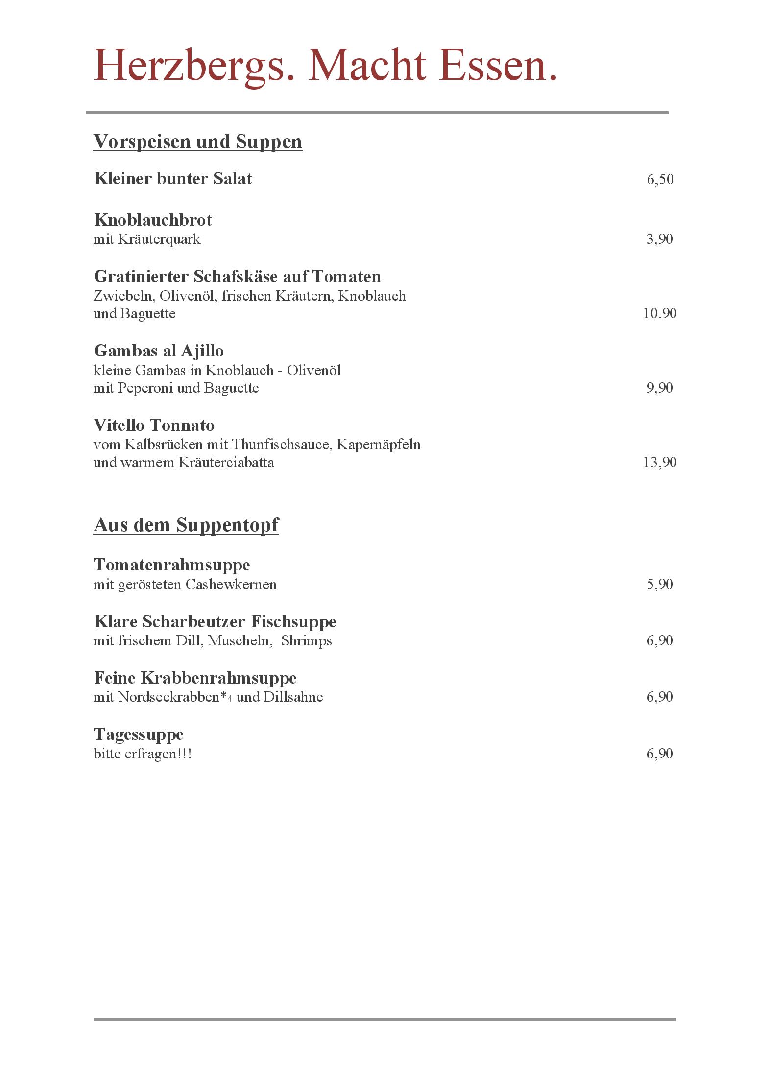 Speisekarte Herzbergs Restaurant in Scharbeutz, Seite 1