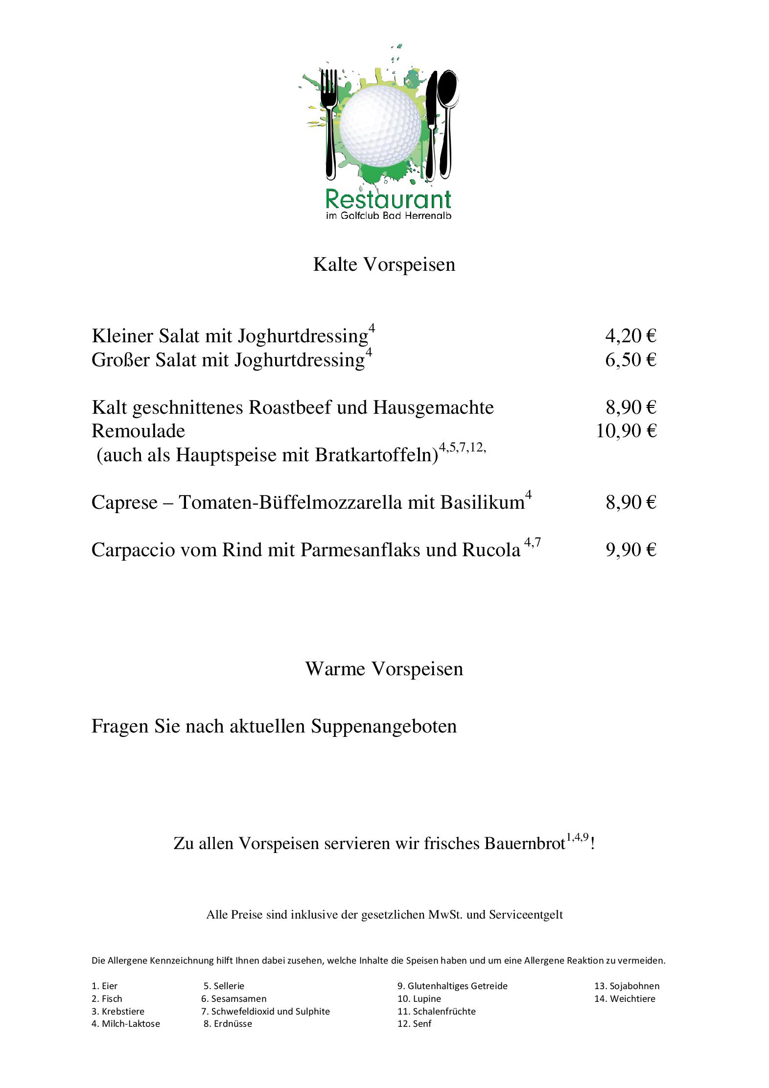 Speisekarte Restaurant im Golfclub Bad Herrenalb in Bad Herrenalb, Seite 1