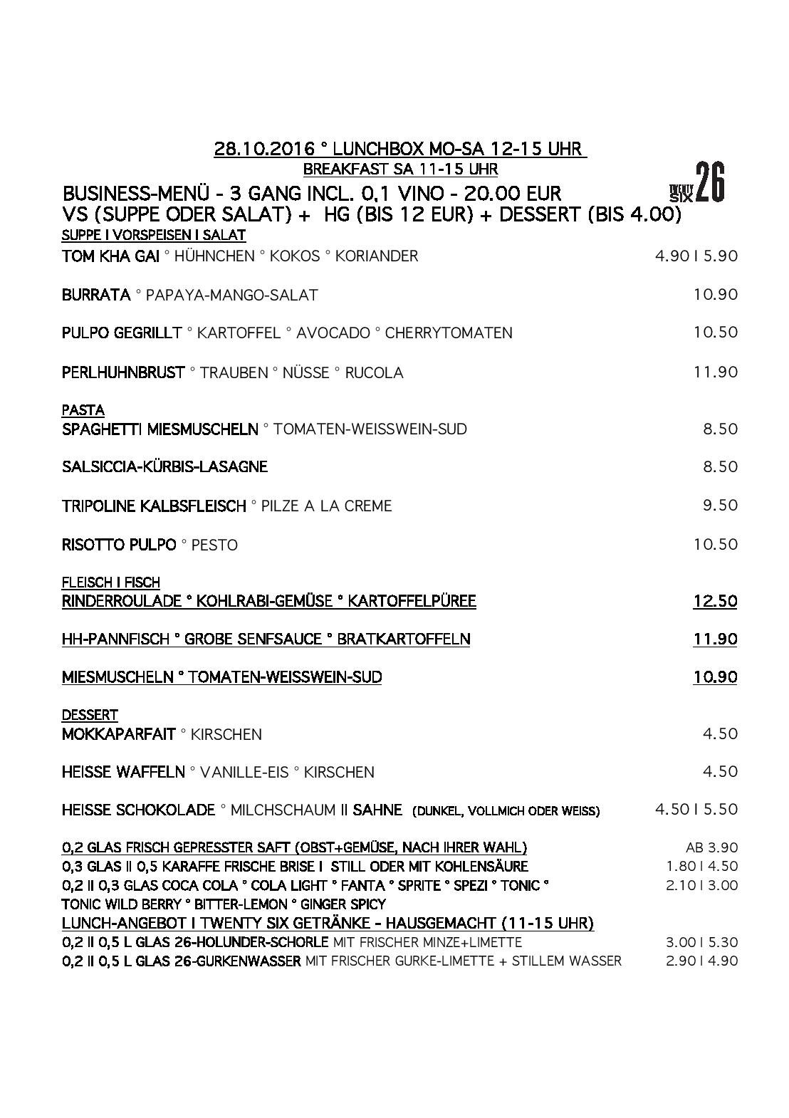 Speisekarte Twenty Six in Hamburg, Seite 1