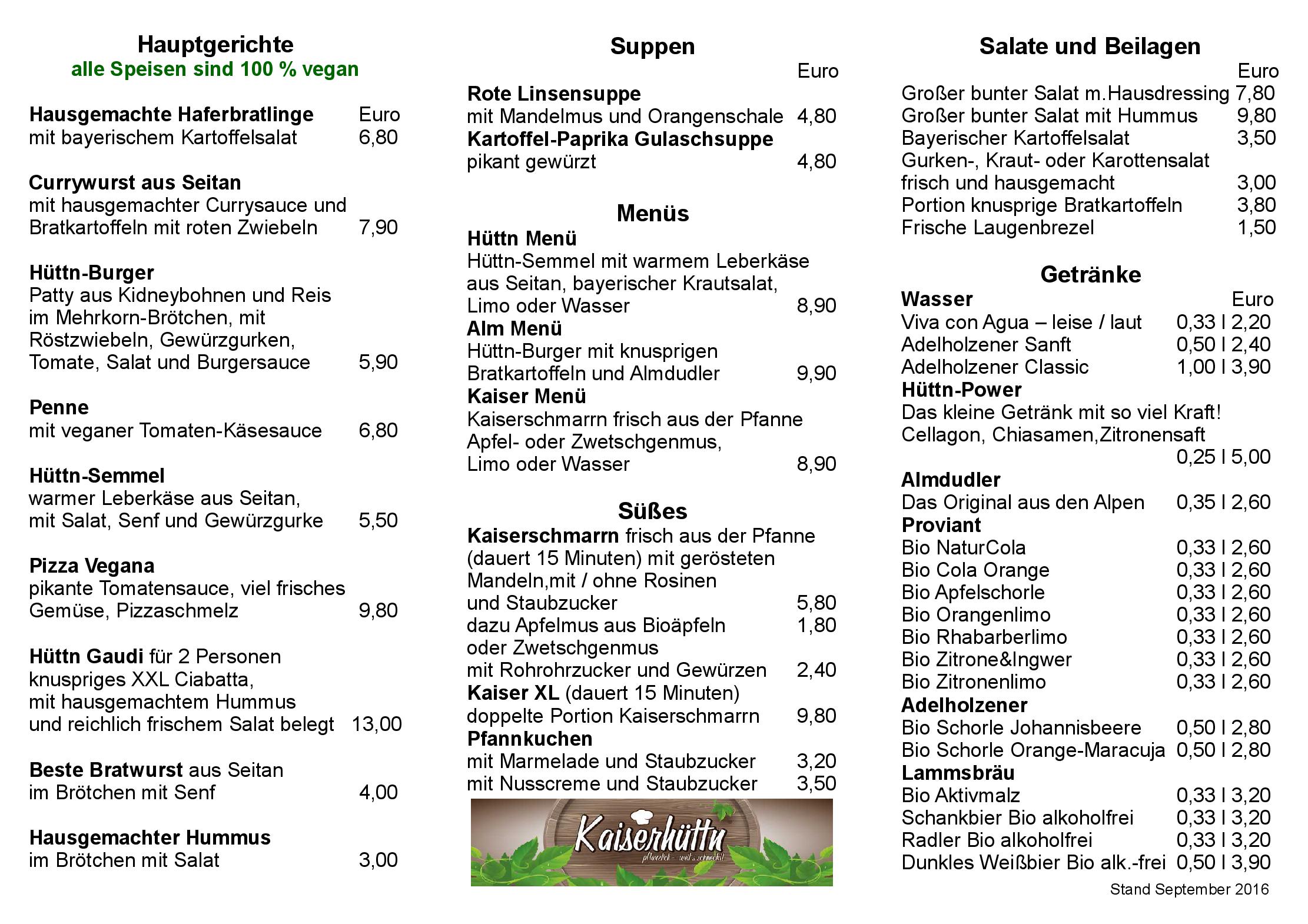 Speisekarte Kaiserhüttn in Bonn, Seite 1