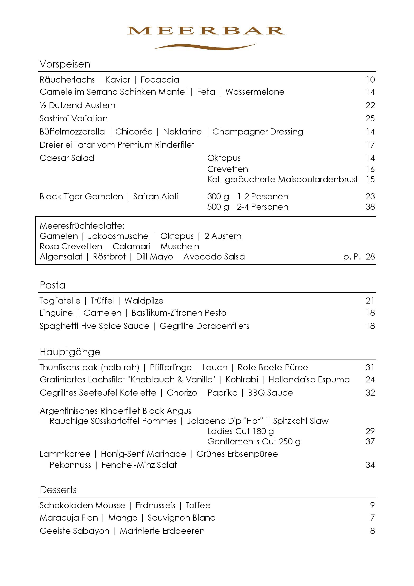 Speisekarte Meerbar in Düsseldorf, Seite 1