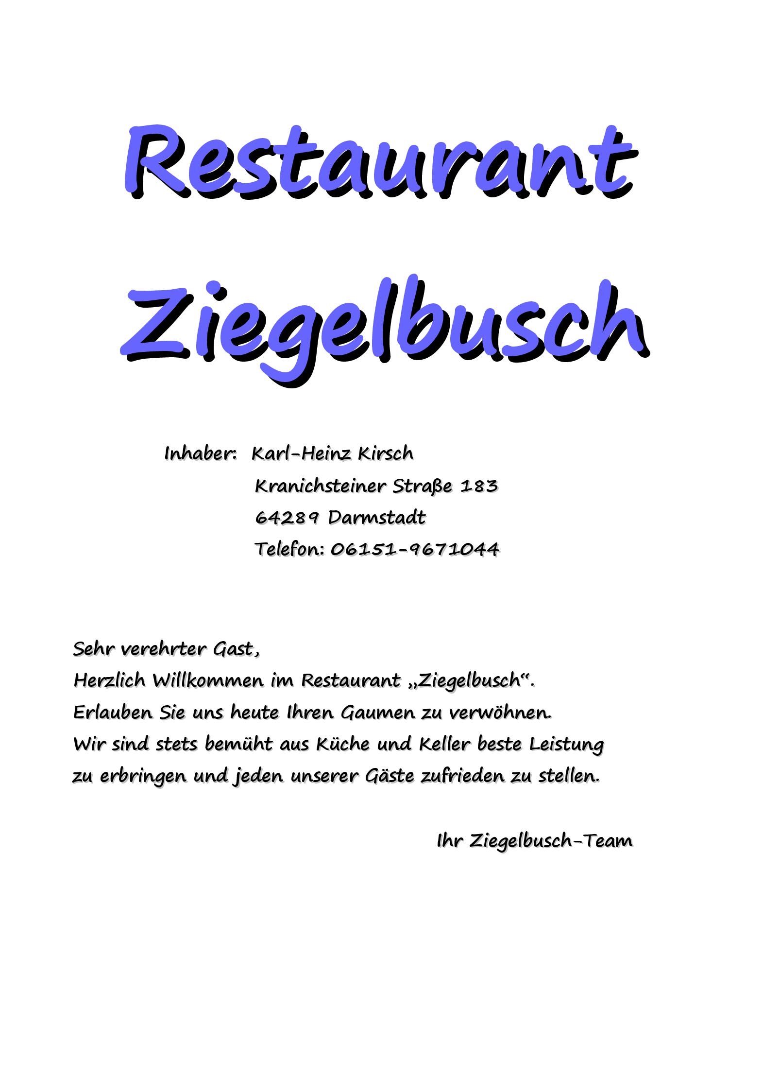 Speisekarte Restaurant Ziegelbusch in Darmstadt, Seite 1