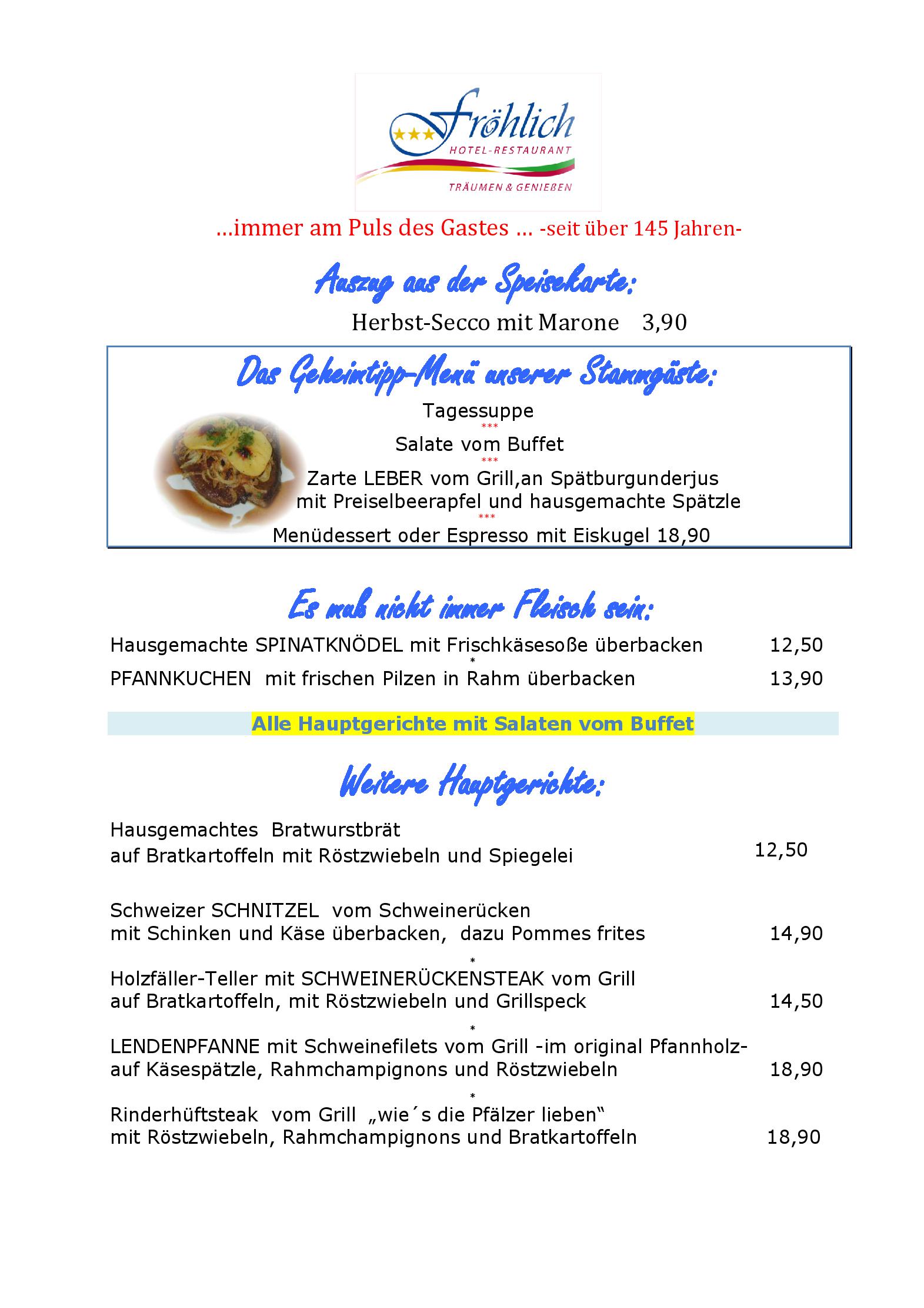 Speisekarte Hotel Restaurant Fröhlich in Kaiserslautern, Seite 1