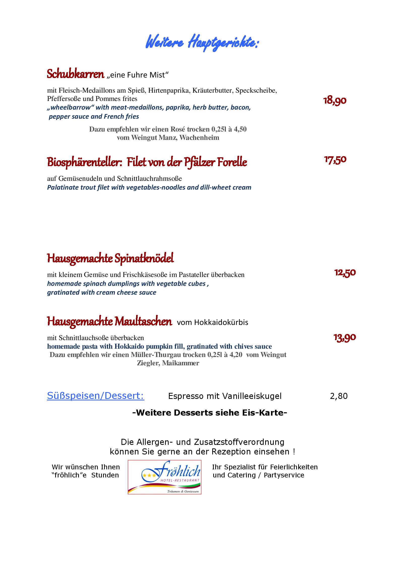 Speisekarte Hotel Restaurant Fröhlich in Kaiserslautern, Seite 2