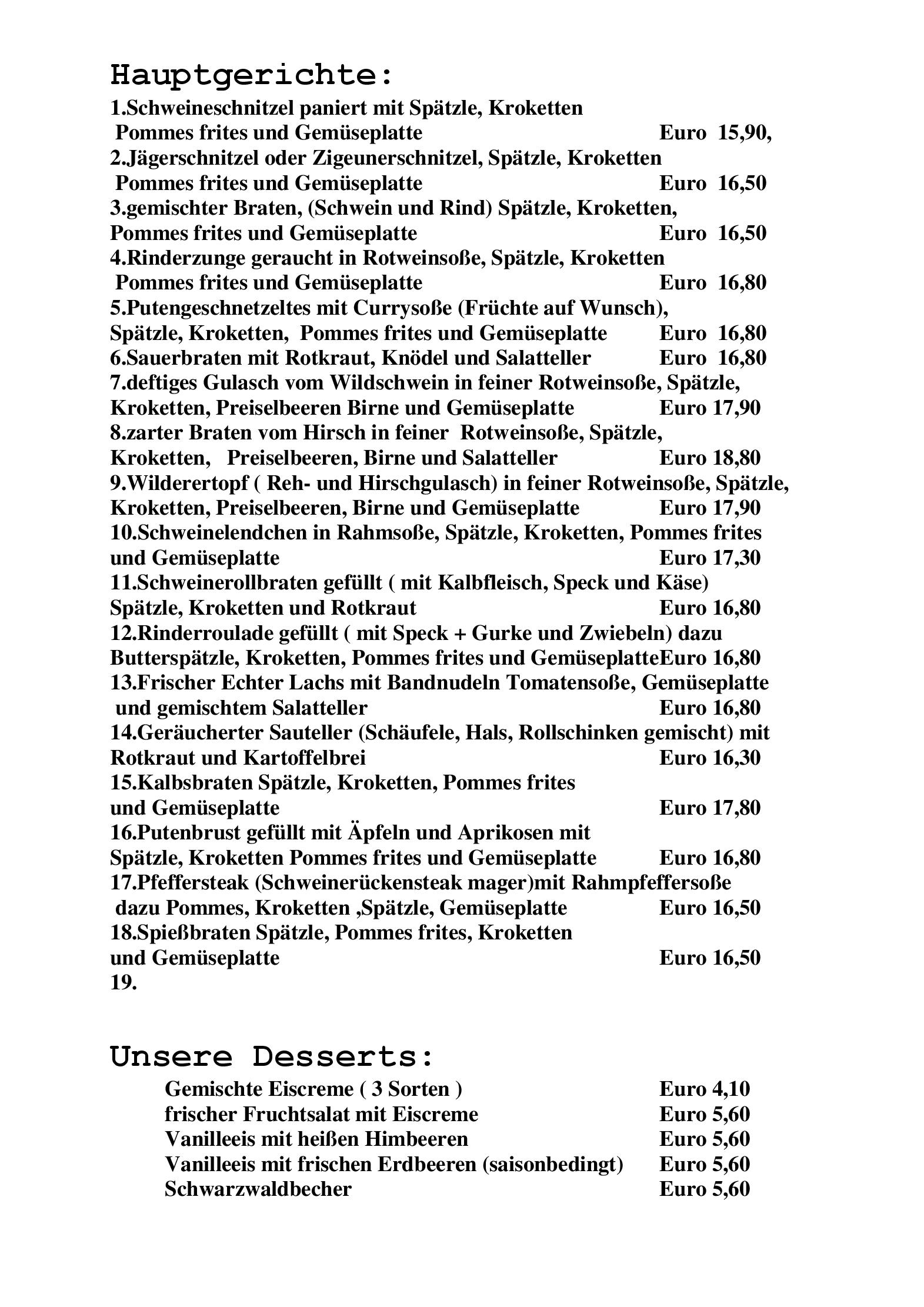 Speisekarte Deutscher Jäger in Hornberg, Seite 1