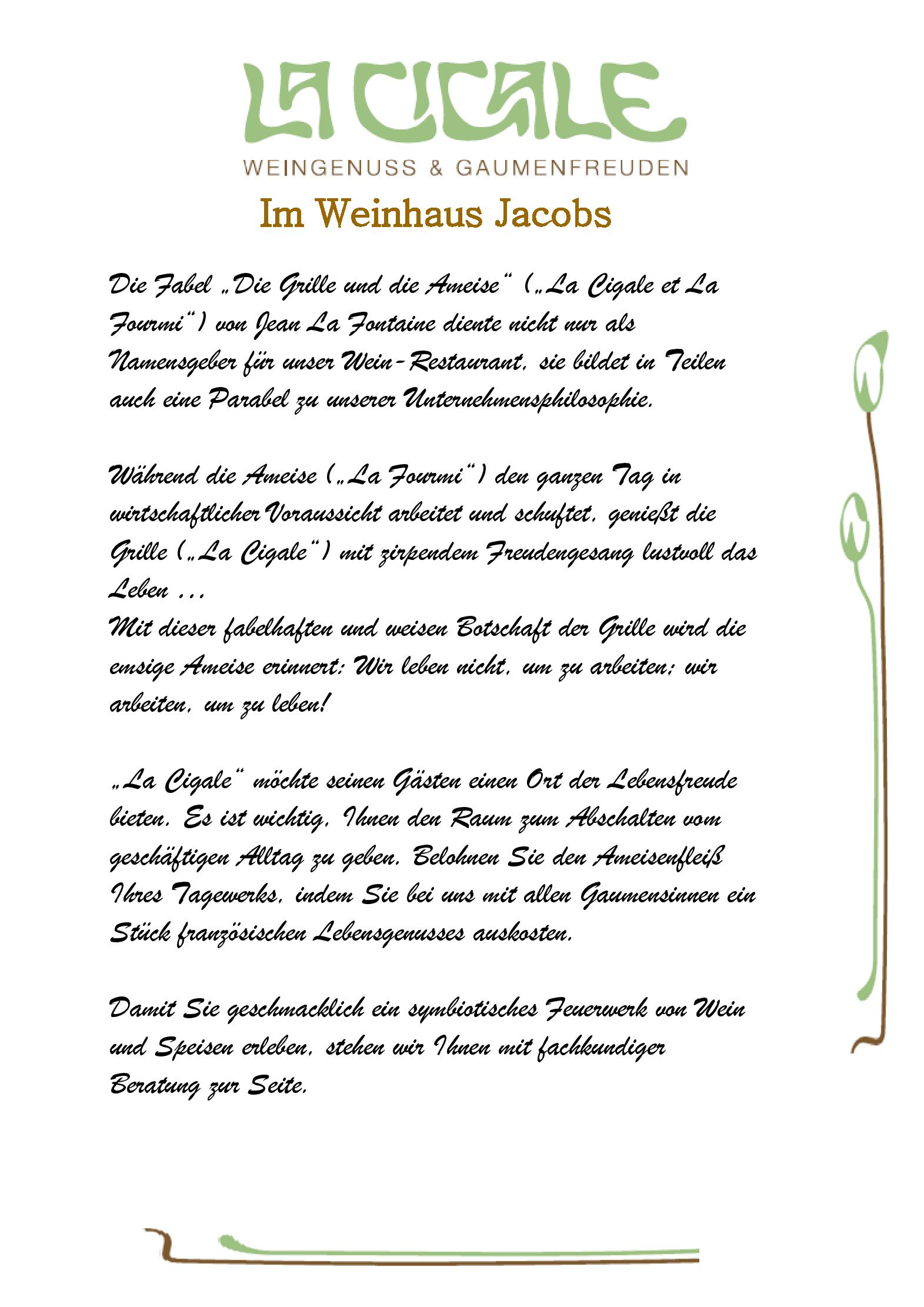 Speisekarte La Cigale im Weinhaus Jacobs in Bonn, Seite 1