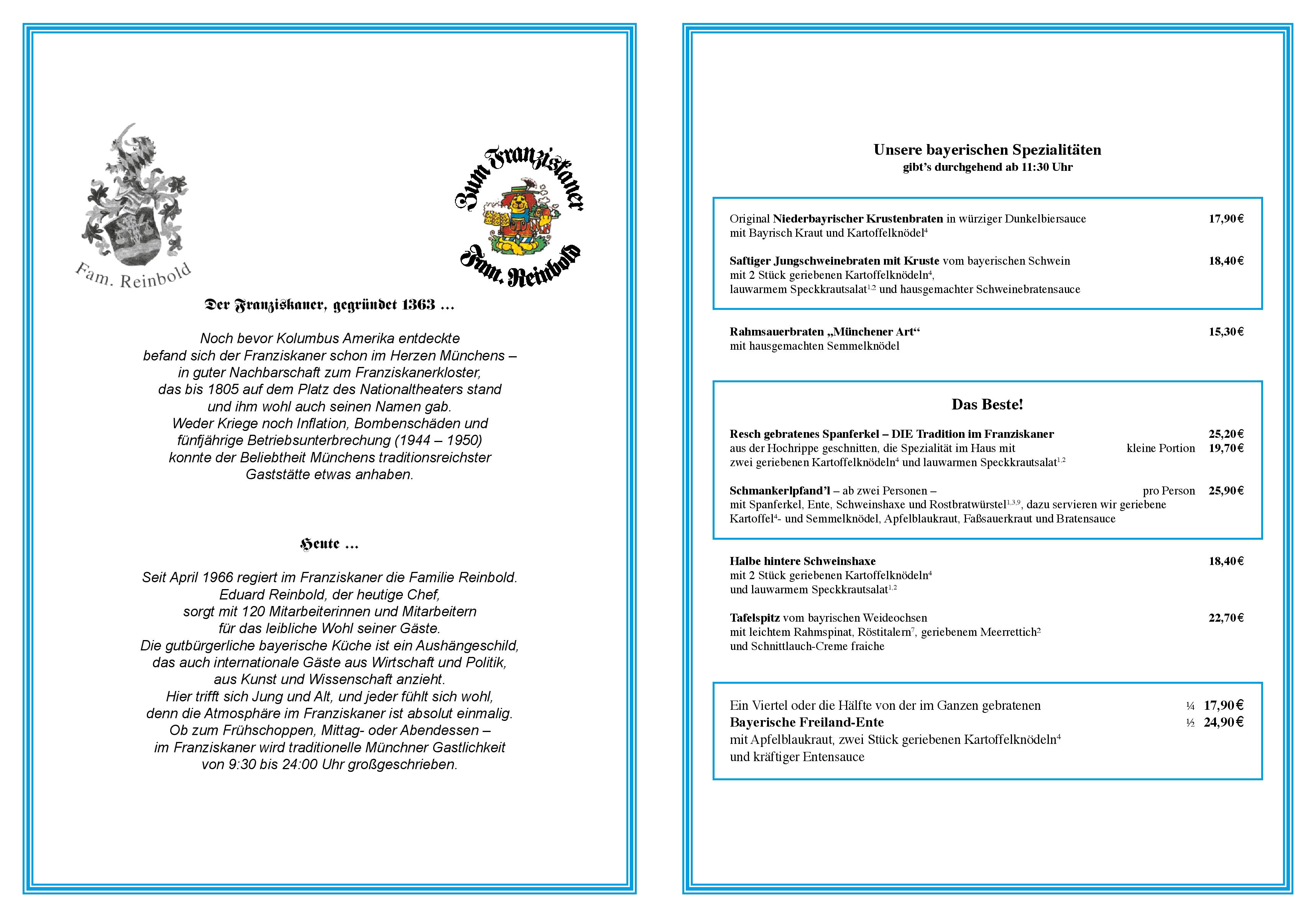 Speisekarte Gaststätte Zum Franziskaner in München, Seite 2