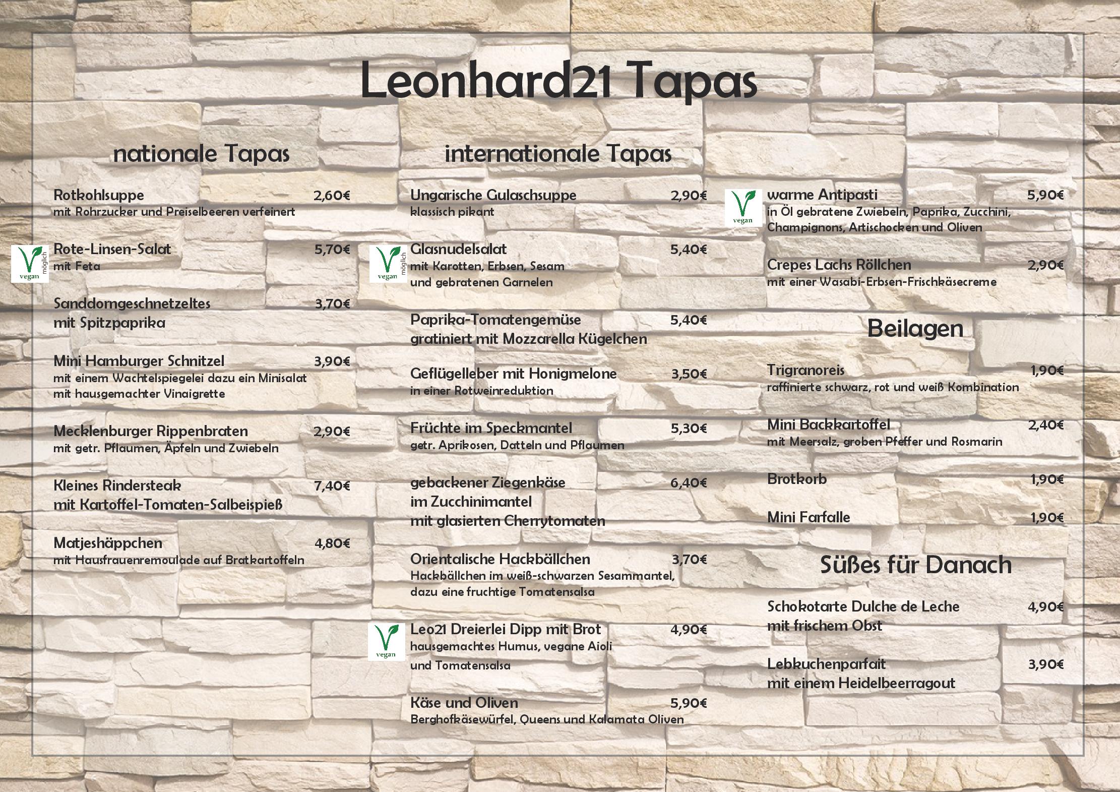 Speisekarte Leonhard 21 in Rostock, Seite 1