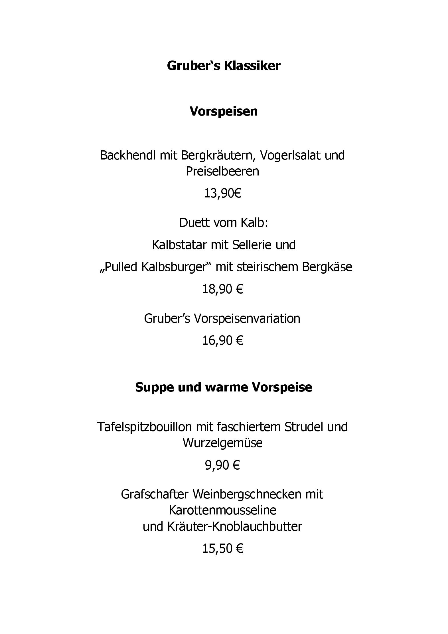 Speisekarte Grubers Restaurant in Köln, Seite 1