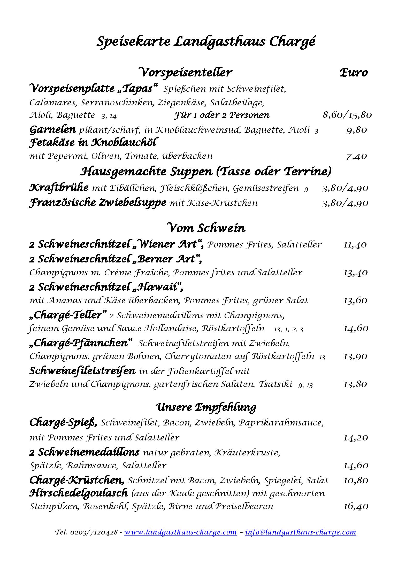 Speisekarte Landgasthaus Chargé in Duisburg, Seite 1