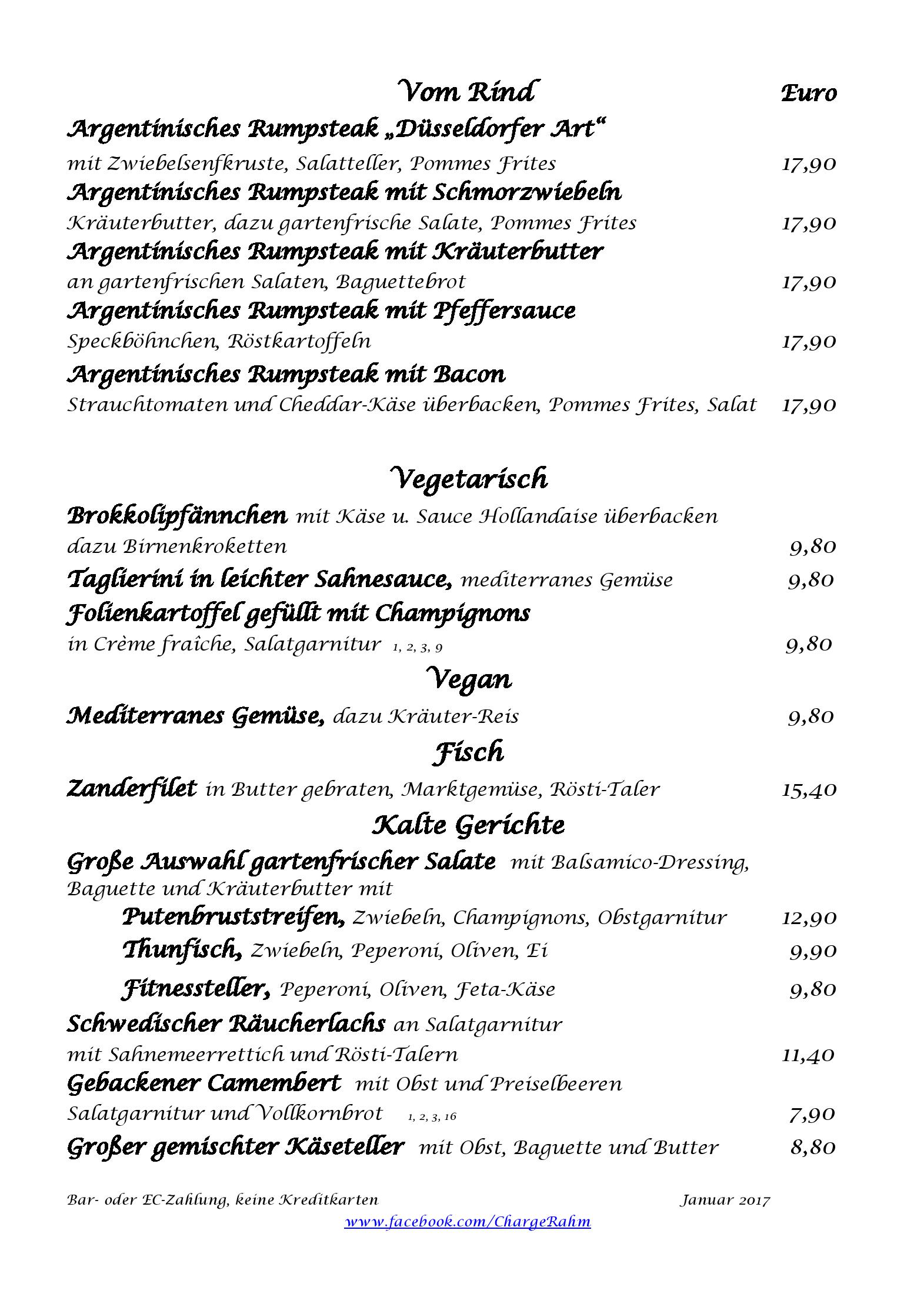 Speisekarte Landgasthaus Chargé in Duisburg, Seite 2