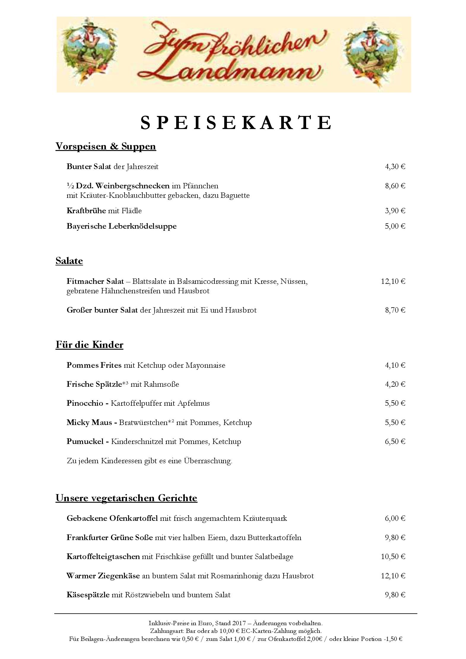 Speisekarte Zum fröhlichen Landmann in Kelkheim (Taunus), Seite 1