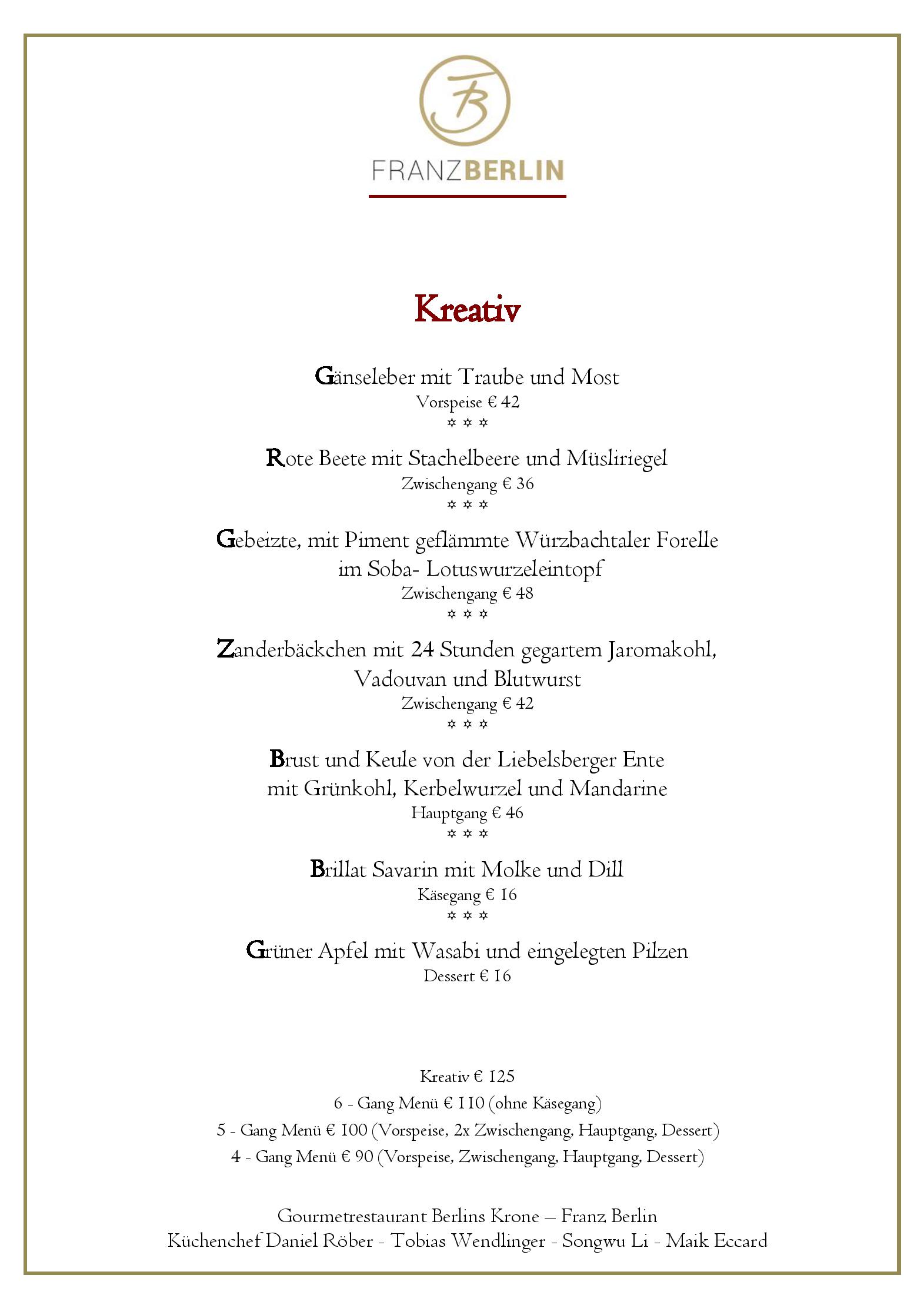 Speisekarte Gourmetrestaurant Berlins Krone in Bad Teinach-Zavelstein, Seite 1