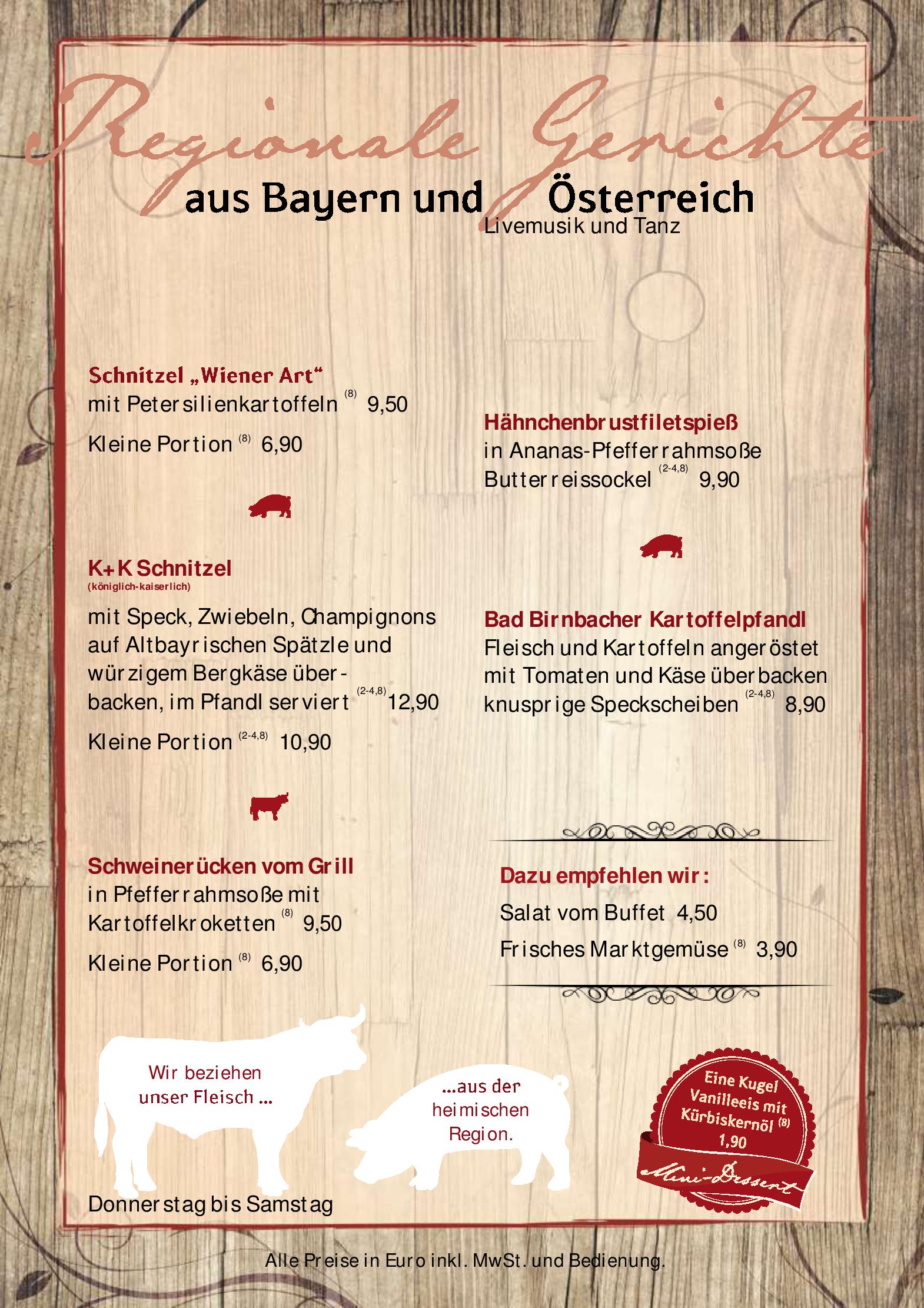 Speisekarte Restaurant Zum Heurigen im Hotel Sternsteinhof in Bad Birnbach, Seite 1