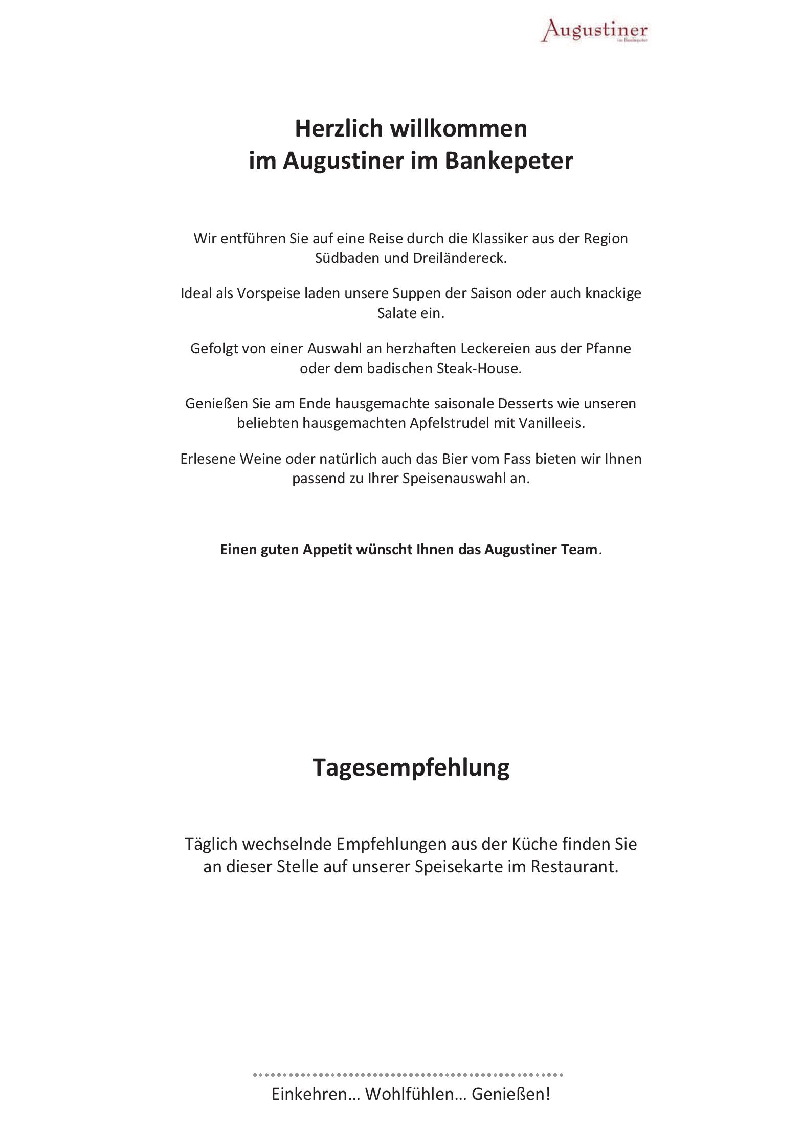 Speisekarte Augustiner im Bankepeter in Freiburg, Seite 1
