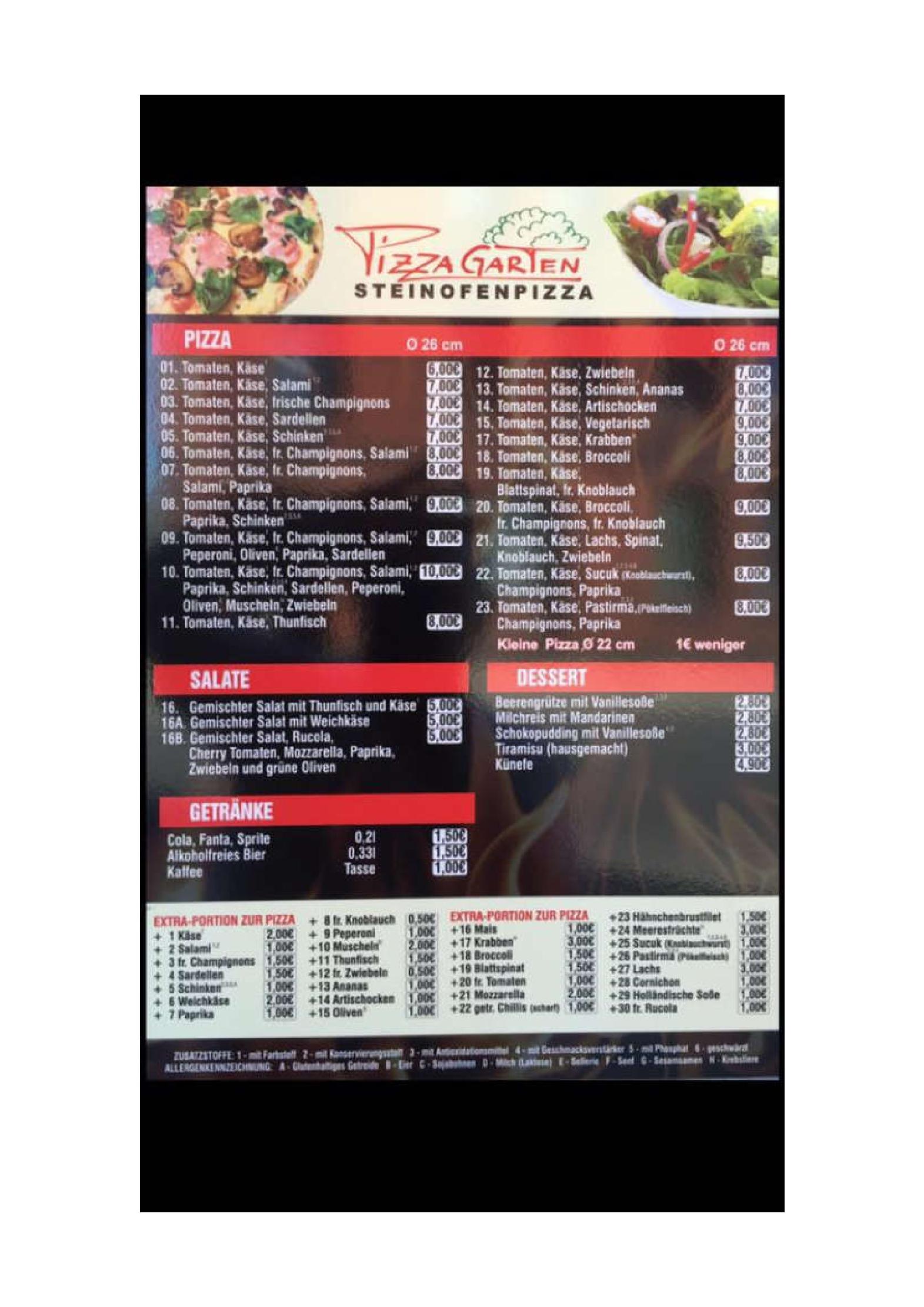 Speisekarte pizza1a.de – Pizza Garten Hannover in Hannover, Seite 1
