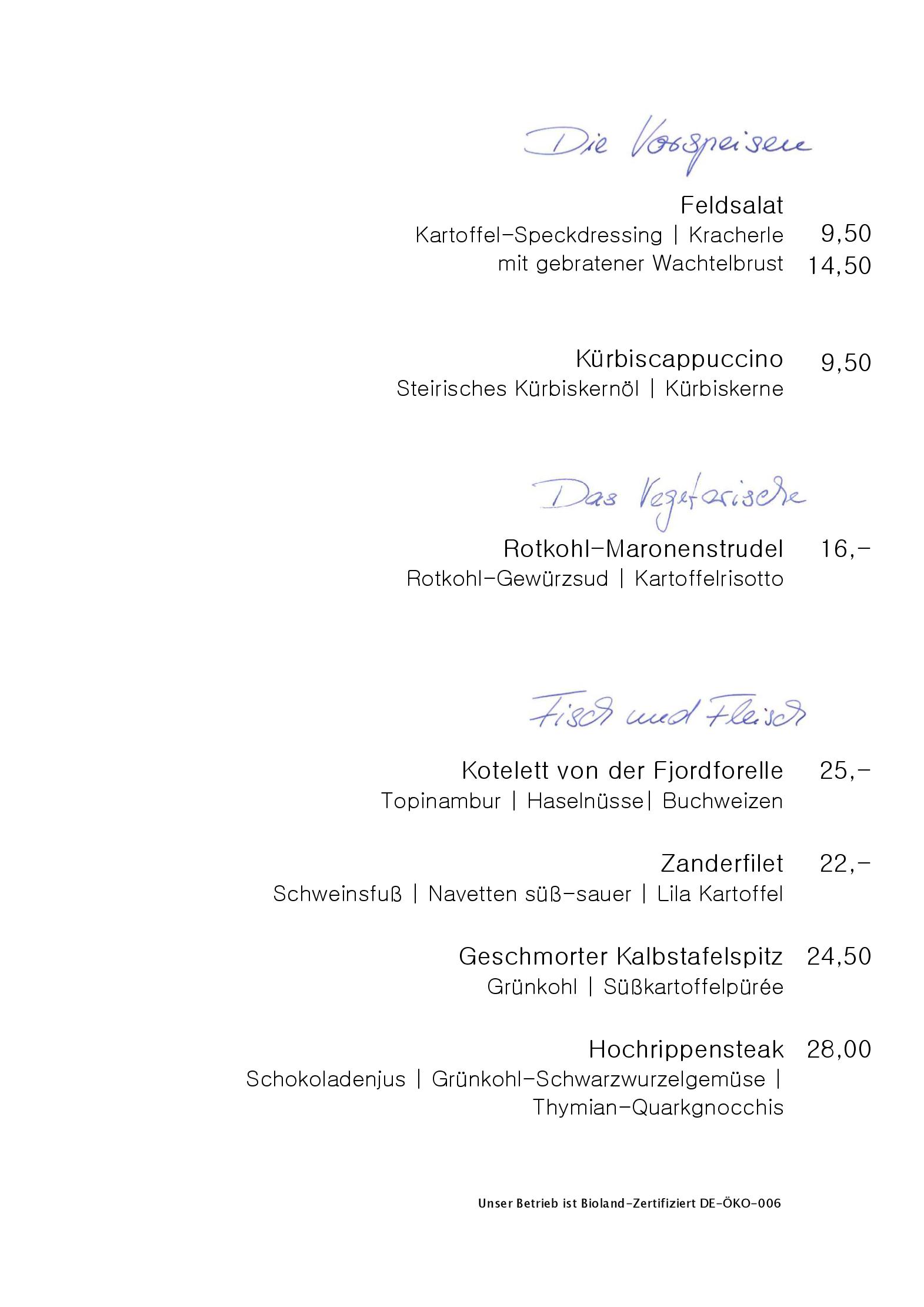 Speisekarte Landhotel Alte Post in Müllheim, Seite 1