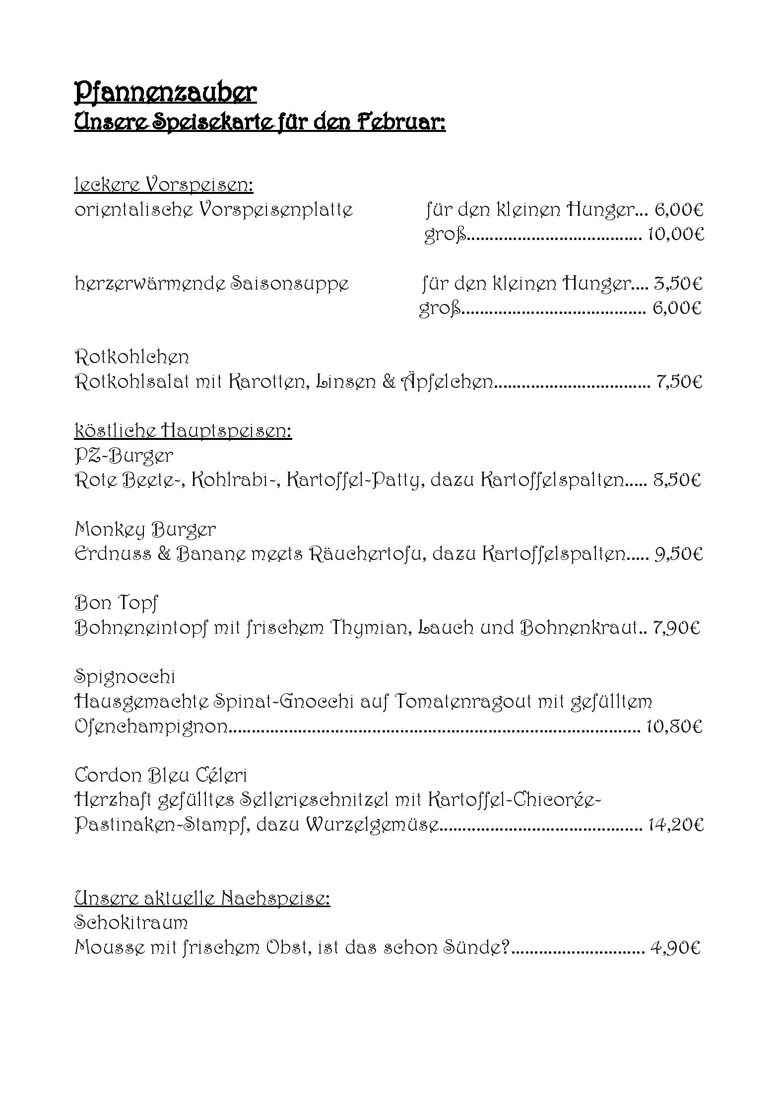 Speisekarte Pfannenzauber in Aachen, Seite 1