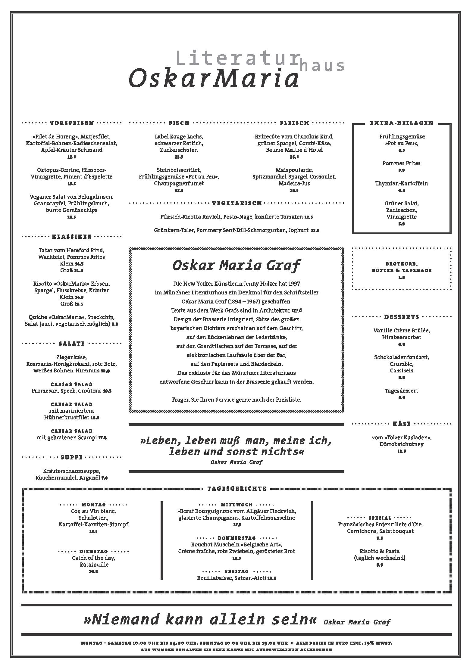 Speisekarte Brasserie Oskar Maria in München, Seite 1