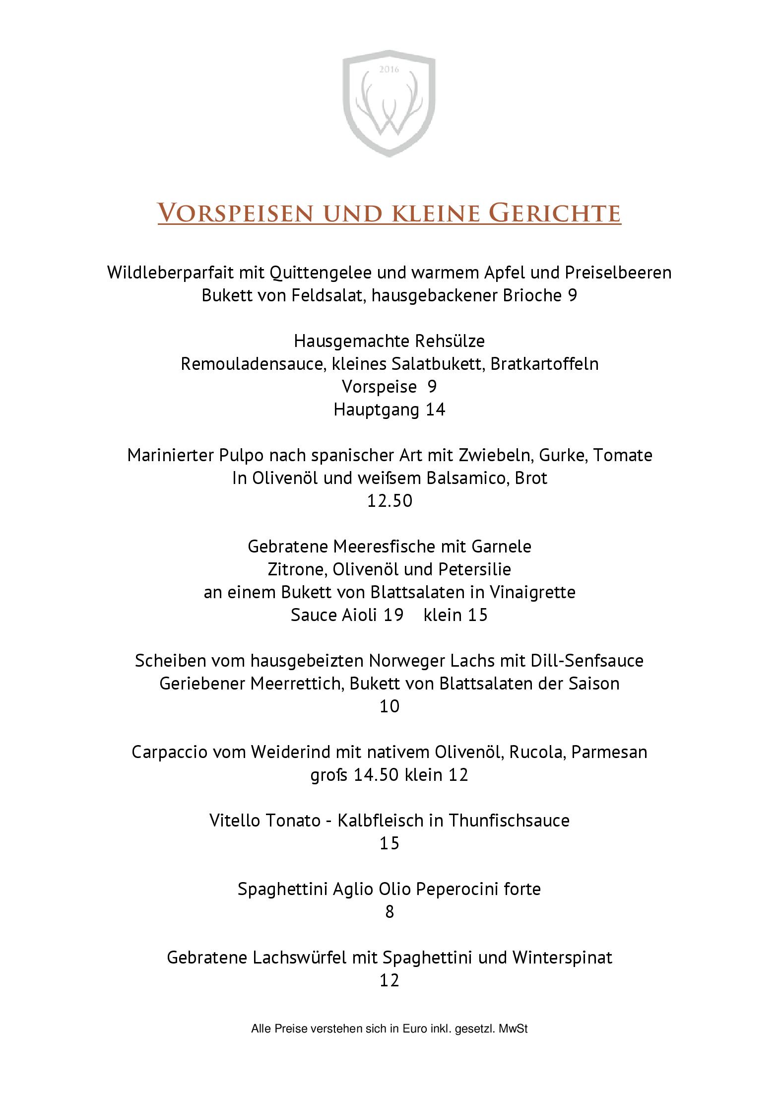 Speisekarte Restaurant Wildeck in Abstatt, Seite 1