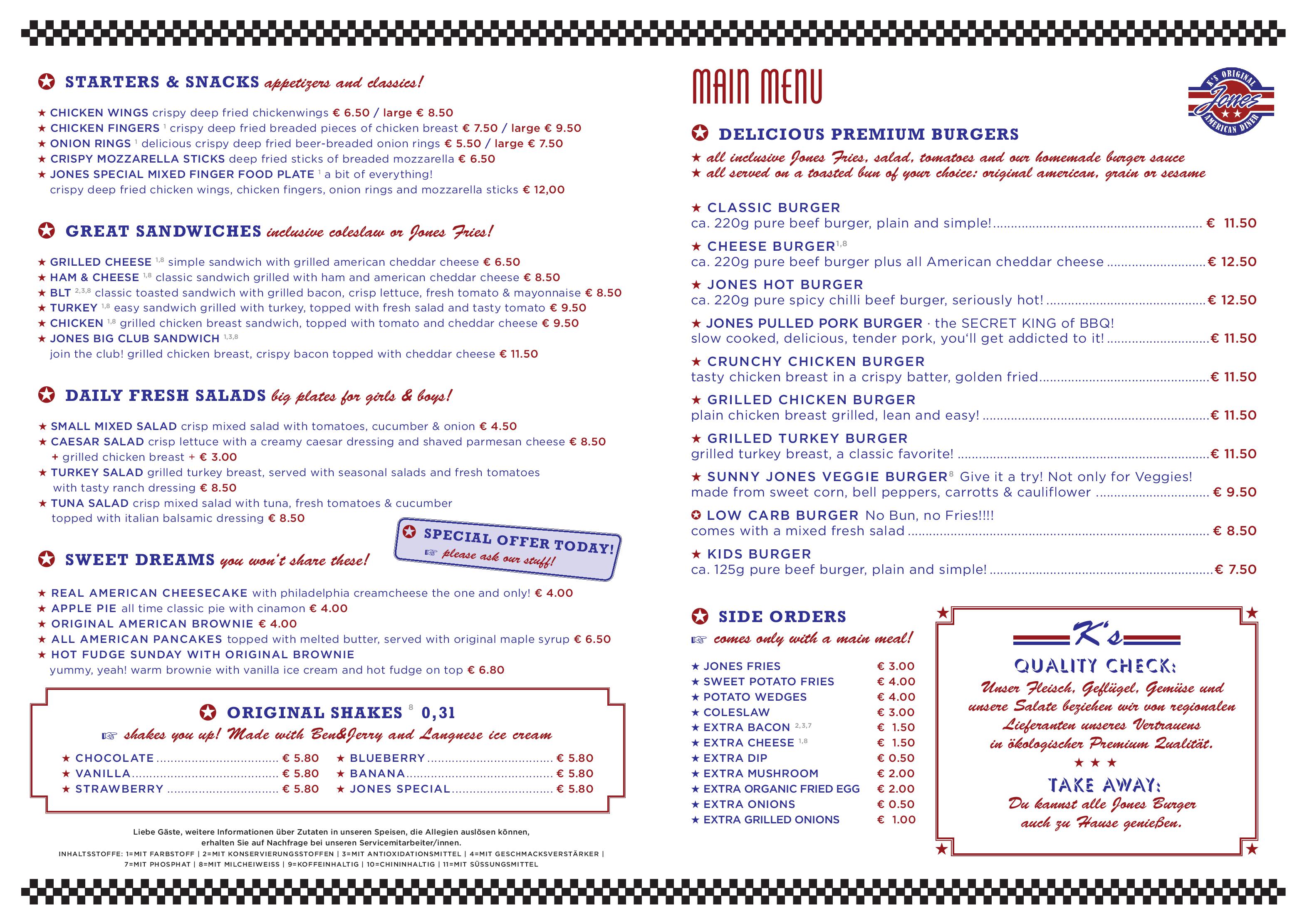 Speisekarte Jones - Ks Original American Diner in München, Seite 2