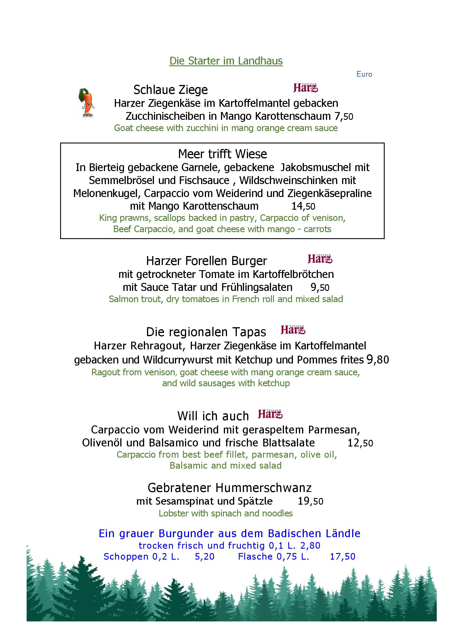 Speisekarte Landhaus Schulze in Herzberg am Harz, Seite 1