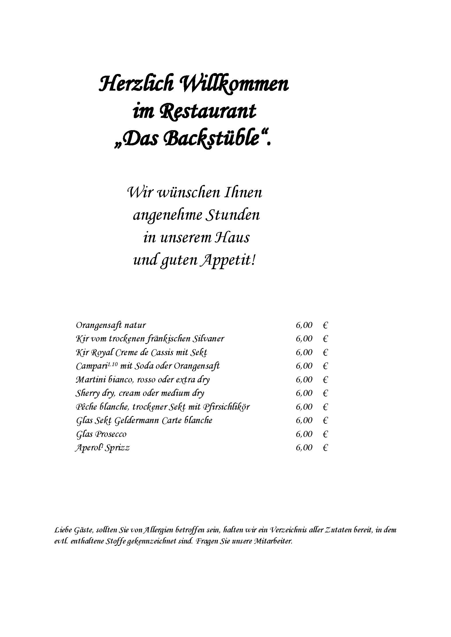 Speisekarte Backstüble im Hotel Stadt Coburg in Coburg, Seite 1