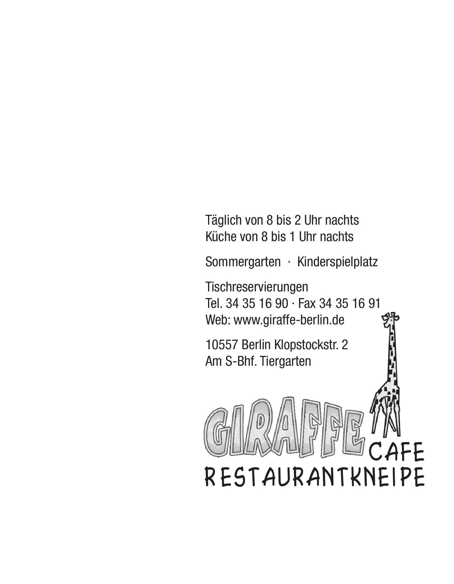 Speisekarte Restaurantkneipe Giraffe Cafe in Berlin, Seite 1