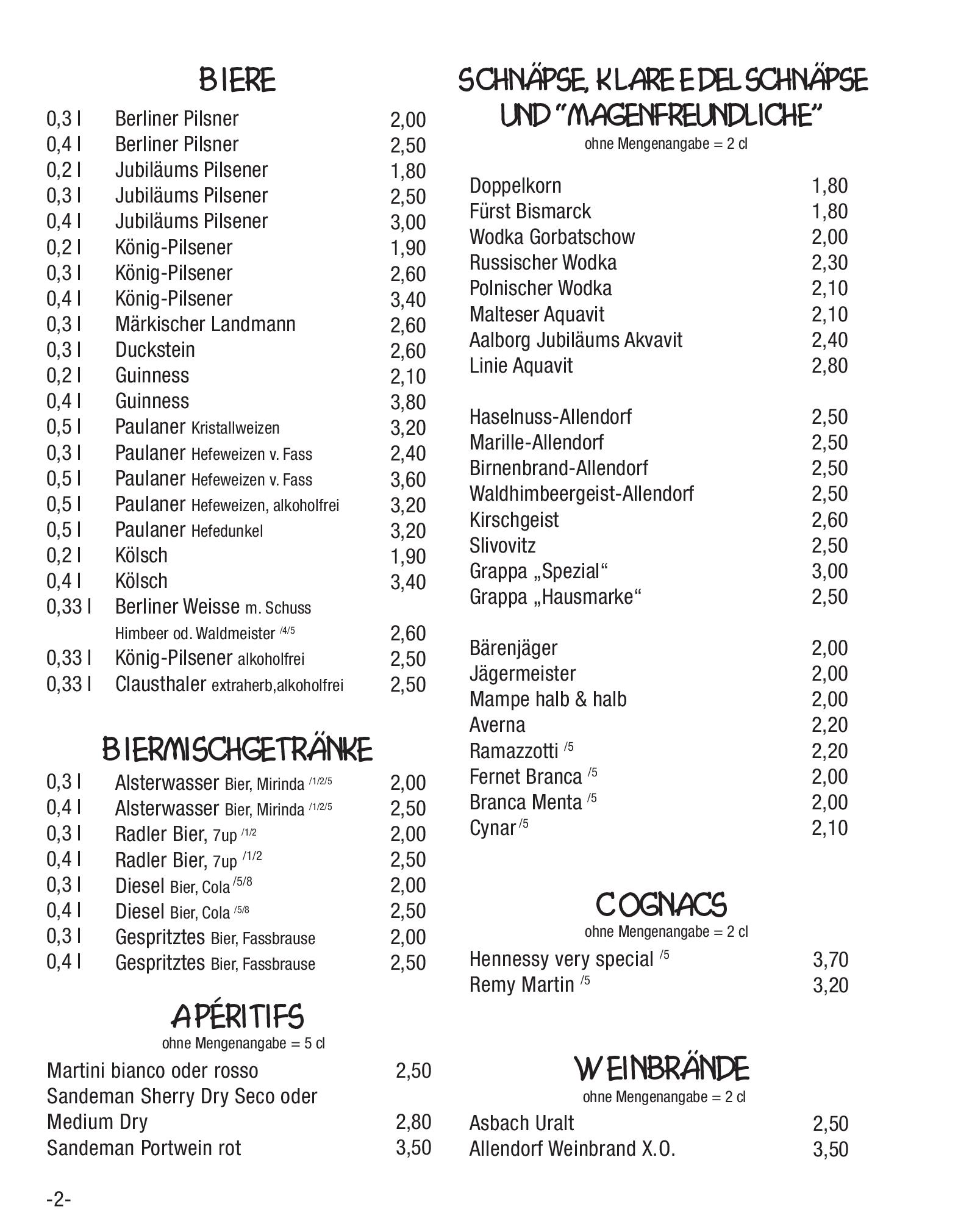 Speisekarte Restaurantkneipe Giraffe Cafe in Berlin, Seite 2