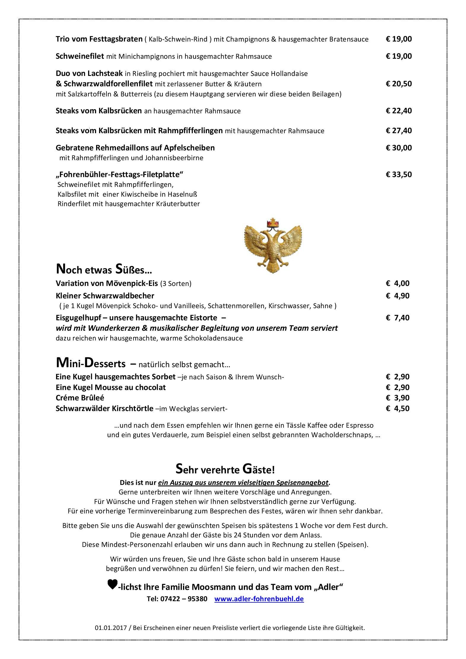 Speisekarte Höhengasthof Adler in Lauterbach, Seite 2